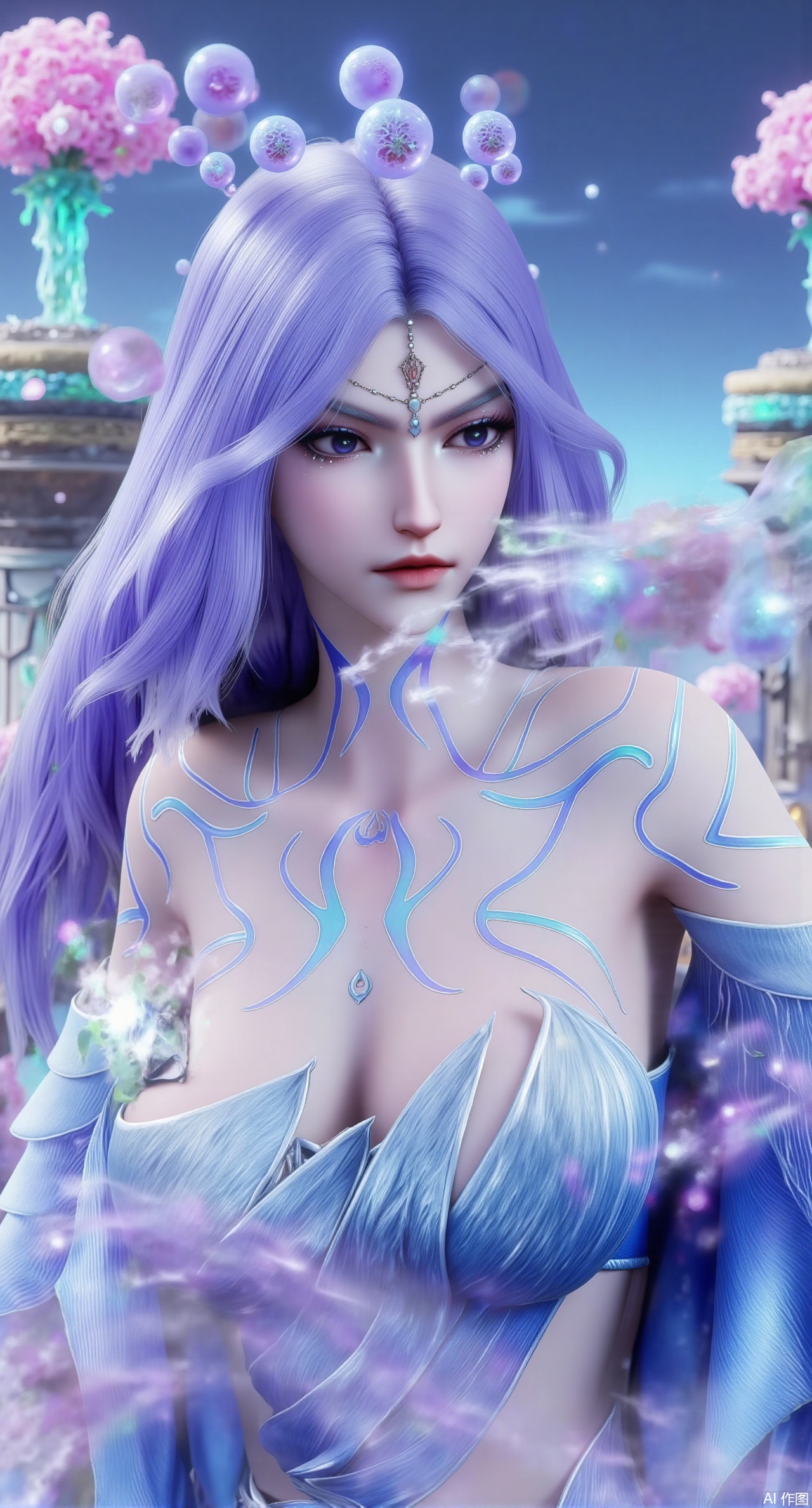 (masterpiece:1.2),best quality,,an anime CG style image.A girl has long purple hair,There is a crown on her head,She has beautiful and delicate facial features, fair skin, and wearing a white dress,sitting Floating islands in celestial valley, bioluminescent flora under starlight, pastel pink and aqua auroras, dreamlike composition with impossible physics, 3D render style.(huge breasts:2.99),(full breasts:2.99),XliumeiYK,XlishaoyingXK