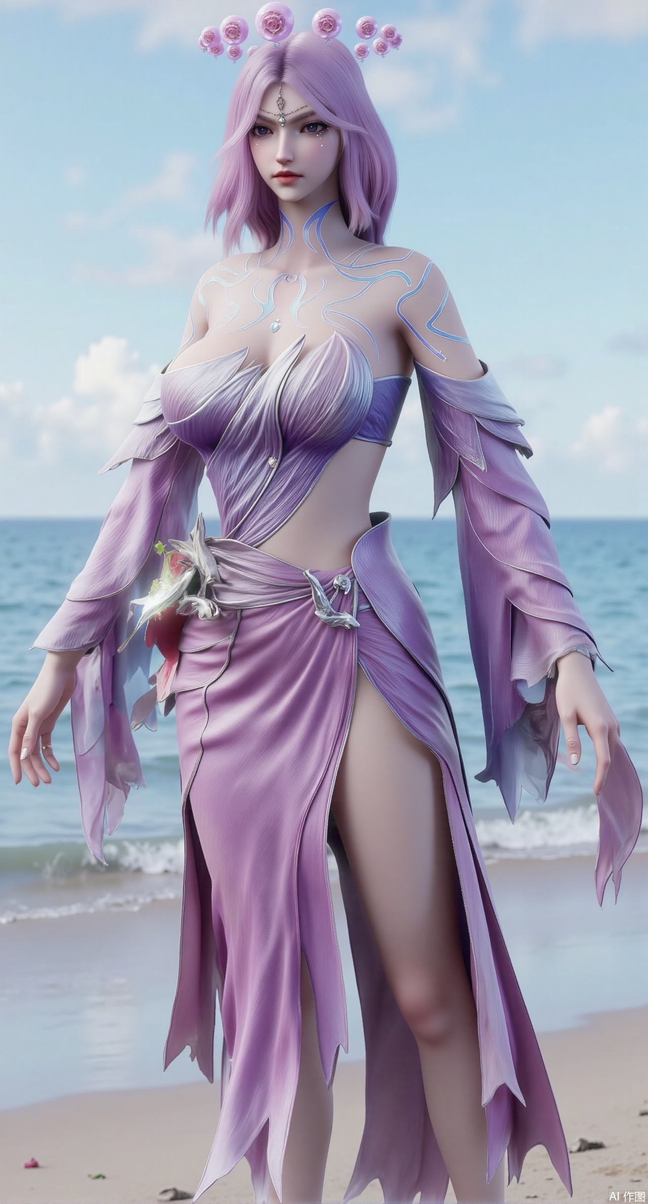 (masterpiece:1.2),best quality,3D animation,CG,absurdres,masterpiece,original,extremely detailed wallpaper,perfect lighting,(extremely detailed CG:1.2),1girl,solo,standing,(huge breasts:2.69),(full breasts:2.59),,looking at viewer,(cowboy_shot:1.1),long hair,high heels,blurry background,depth of field,motion blur,long dress,china_dress,chinese_style,bare shouders,crystal_earrings,headpiece,hair_tie,chest_jewel,gem,necklace,jewelry,in summer,day,outdoors,nature,sea,(rose,beach:1.49),(huge breasts:2.99),(full breasts:2.99),(very long legs,Diamond-studded high heels:1.5),,,XliumeiYK,XlishaoyingXK