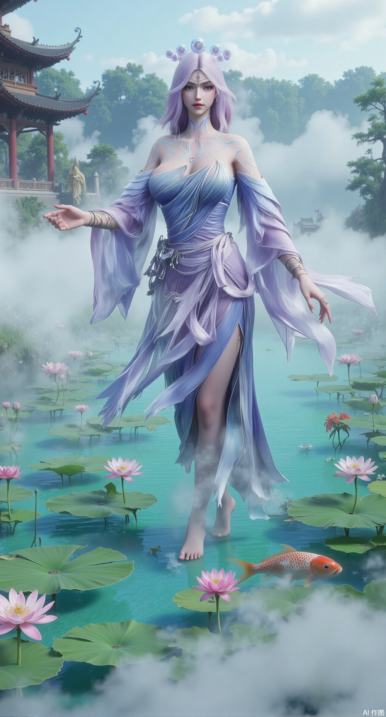  (masterpiece, best quality:1.2),A celestial maiden in Hanfu stands on a cloud, ethereal silk robes fluttering in the wind, swirling sea of clouds beneath her feet, (background reveals the emerald lotus pond of Penglai Wonderland with blooming pink-white lotuses:1.29), golden koi fish swimming in translucent water, soft morning light piercing through mist, ultra HD rendering showcases intricate embroidery on Hanfu, 8K detail captures dewdrops on lotus petals, dynamic lighting effects emphasize swirling mist movement, panoramic composition creates ethereal celestial atmosphere,(huge breasts:2.99),(full breasts:2.99),(Background with traditional Chinese architecture,Pond, water lilies:1.39),XliumeiYK,XlishaoyingXK