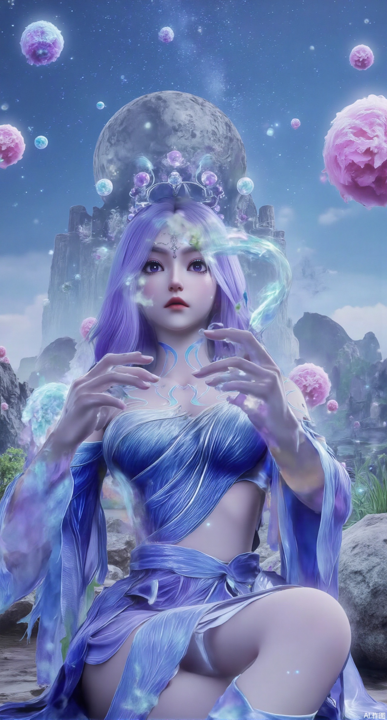  (masterpiece:1.2),best quality,,an anime CG style image.A girl has long purple hair,There is a crown on her head,She has beautiful and delicate facial features, fair skin, and wearing a white dress,sitting Floating islands in celestial valley, bioluminescent flora under starlight, pastel pink and aqua auroras, dreamlike composition with impossible physics, 3D render style.(huge breasts:2.99),(full breasts:2.99),,XzilingXY3,XlimuwanJCY,XmoxianYK,Xfanlv,XliumeiYK2,XlishaoyingXK2