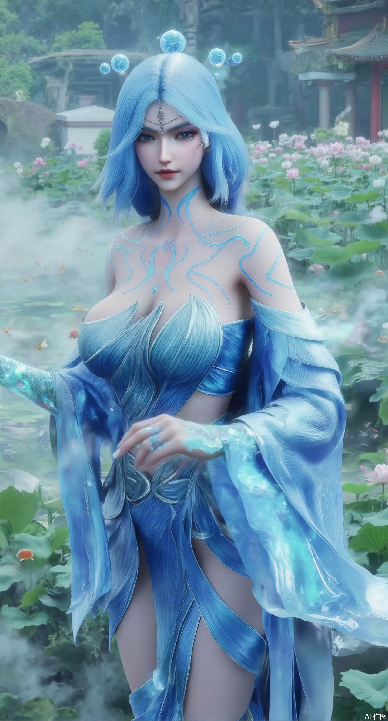 (masterpiece, best quality:1.2),A celestial maiden in Hanfu stands on a cloud, ethereal silk robes fluttering in the wind, swirling sea of clouds beneath her feet, (background reveals the emerald lotus pond of Penglai Wonderland with blooming pink-white lotuses:1.29), golden koi fish swimming in translucent water, soft morning light piercing through mist, ultra HD rendering showcases intricate embroidery on Hanfu, 8K detail captures dewdrops on lotus petals, dynamic lighting effects emphasize swirling mist movement, panoramic composition creates ethereal celestial atmosphere,(huge breasts:2.99),(full breasts:2.99),(Background with traditional Chinese architecture,Pond, water lilies:1.39),XzilingXY3,XlimuwanJCY,XmoxianYK,Xfanlv,XliumeiYK2,XlishaoyingXK2