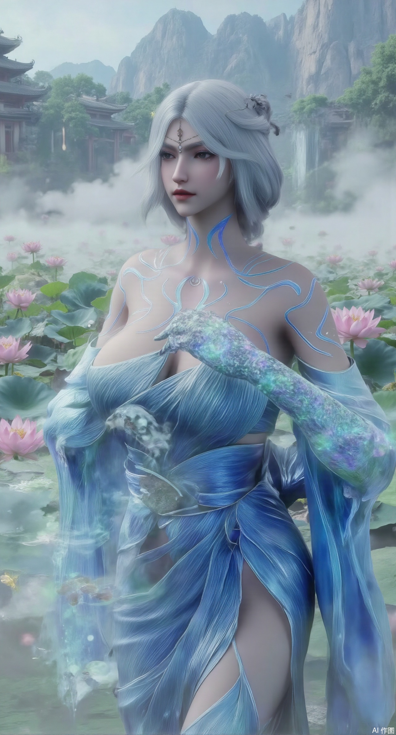 (masterpiece, best quality:1.2),A celestial maiden in Hanfu stands on a cloud, ethereal silk robes fluttering in the wind, swirling sea of clouds beneath her feet, (background reveals the emerald lotus pond of Penglai Wonderland with blooming pink-white lotuses:1.29), golden koi fish swimming in translucent water, soft morning light piercing through mist, ultra HD rendering showcases intricate embroidery on Hanfu, 8K detail captures dewdrops on lotus petals, dynamic lighting effects emphasize swirling mist movement, panoramic composition creates ethereal celestial atmosphere,(huge breasts:2.99),(full breasts:2.99),(Background with traditional Chinese architecture,Pond, water lilies:1.39),XzilingXY3,XlimuwanJCY,XmoxianYK,Xfanlv,XliumeiYK2,XlishaoyingXK2