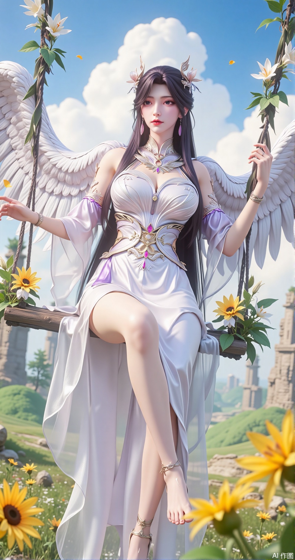n a mysterious garden floating in the clouds, a long-haired girl is sitting on a swing woven from white lilies and golden sunflowers. Her movements are as light and sacred as those of an angel, as if she has merged with the garden in the clouds. She was dressed in a long pure white dress woven from silk and lace, with tiny angel feathers and cloud patterns embellished on the hem, swaying gently with her movements. Her long black hair is as smooth as silk, with a few falling lily petals dotted between the strands, adding a touch of sacredness. She wore a necklace composed of pearls and angel feathers, with a slender silver bracelet wound around her wrist, looking sacred and noble.


Her bare feet were on the soft clouds, and a ankle chain decorated with little angel feathers and clouds was worn around her ankle, which swayed gently with her movements. Her legs bent naturally, revealing slender lines. Her posture is light and composed, as if she were an angel in a cloud garden.


The surrounding garden is filled with the scent of clouds, and the air is permeated with the faint fragrance of lilies and sunflowers. Several towering buildings in the clouds stood quietly beside her, as if guarding her sanctity. Several angels were dancing around her, as if offering her blessings from the clouds.
