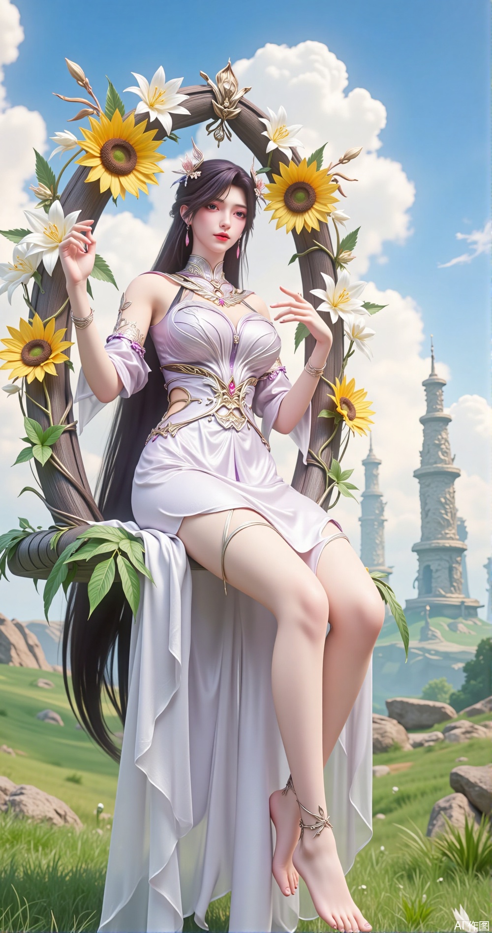 n a mysterious garden floating in the clouds, a long-haired girl is sitting on a swing woven from white lilies and golden sunflowers. Her movements are as light and sacred as those of an angel, as if she has merged with the garden in the clouds. She was dressed in a long pure white dress woven from silk and lace, with tiny angel feathers and cloud patterns embellished on the hem, swaying gently with her movements. Her long black hair is as smooth as silk, with a few falling lily petals dotted between the strands, adding a touch of sacredness. She wore a necklace composed of pearls and angel feathers, with a slender silver bracelet wound around her wrist, looking sacred and noble.


Her bare feet were on the soft clouds, and a ankle chain decorated with little angel feathers and clouds was worn around her ankle, which swayed gently with her movements. Her legs bent naturally, revealing slender lines. Her posture is light and composed, as if she were an angel in a cloud garden.


The surrounding garden is filled with the scent of clouds, and the air is permeated with the faint fragrance of lilies and sunflowers. Several towering buildings in the clouds stood quietly beside her, as if guarding her sanctity. Several angels were dancing around her, as if offering her blessings from the clouds.