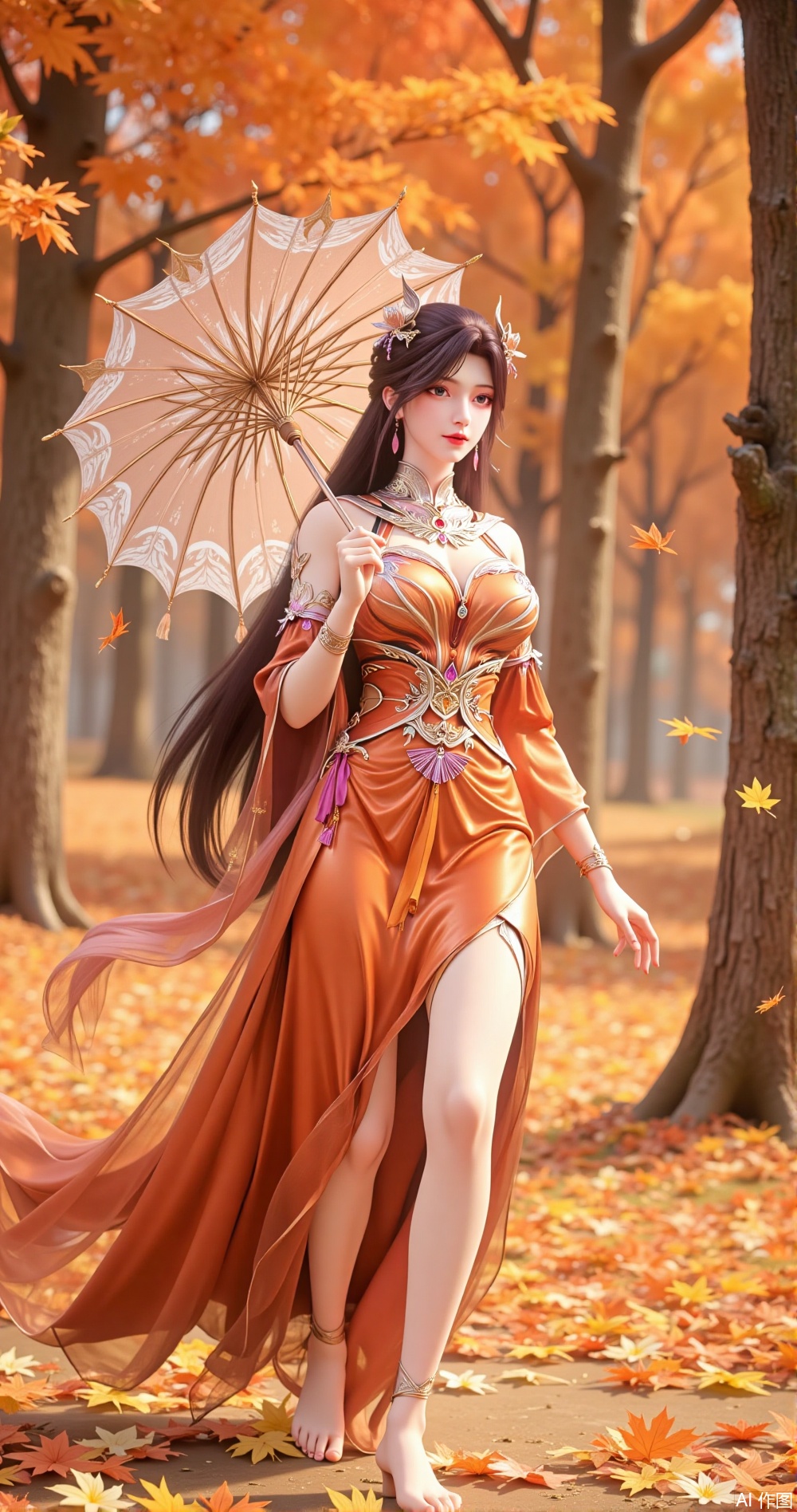 In a forest blanketed in autumn leaves, a lone girl holds a golden lace umbrella, her movements as light as a dream, as if one with the autumn forest. She is dressed in a deep orange gown woven from silk and cotton, adorned with tiny maple leaf patterns, gently swaying with her steps. Her long black hair flows like silk, dotted with falling maple leaves, adding a touch of autumn charm. She wears a necklace of amber and gold leaf, her wrists adorned with slender silver bracelets, exuding dreamlike elegance.

Her bare feet step on the soft fallen leaves, her ankles adorned with a delicate maple leaf and gold leaf anklet, swaying gently with her steps. Her legs stretch naturally, revealing long, fair lines. Her posture is light and composed, as if a dreamlike figure in the autumn forest.

The forest is filled with the scent of autumn leaves, the air filled with the faint scent of wood and the fragrance of fruits. A few tall maple trees stand quietly around her, as if guarding her dream. A few small deer dart around her, as if bestowing autumn blessings.