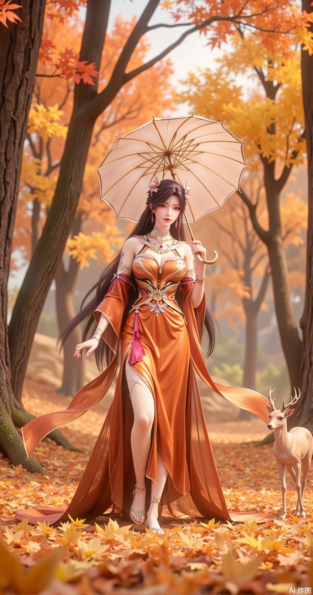 In a forest blanketed in autumn leaves, a lone girl holds a golden lace umbrella, her movements as light as a dream, as if one with the autumn forest. She is dressed in a deep orange gown woven from silk and cotton, adorned with tiny maple leaf patterns, gently swaying with her steps. Her long black hair flows like silk, dotted with falling maple leaves, adding a touch of autumn charm. She wears a necklace of amber and gold leaf, her wrists adorned with slender silver bracelets, exuding dreamlike elegance.

Her bare feet step on the soft fallen leaves, her ankles adorned with a delicate maple leaf and gold leaf anklet, swaying gently with her steps. Her legs stretch naturally, revealing long, fair lines. Her posture is light and composed, as if a dreamlike figure in the autumn forest.

The forest is filled with the scent of autumn leaves, the air filled with the faint scent of wood and the fragrance of fruits. A few tall maple trees stand quietly around her, as if guarding her dream. A few small deer dart around her, as if bestowing autumn blessings.