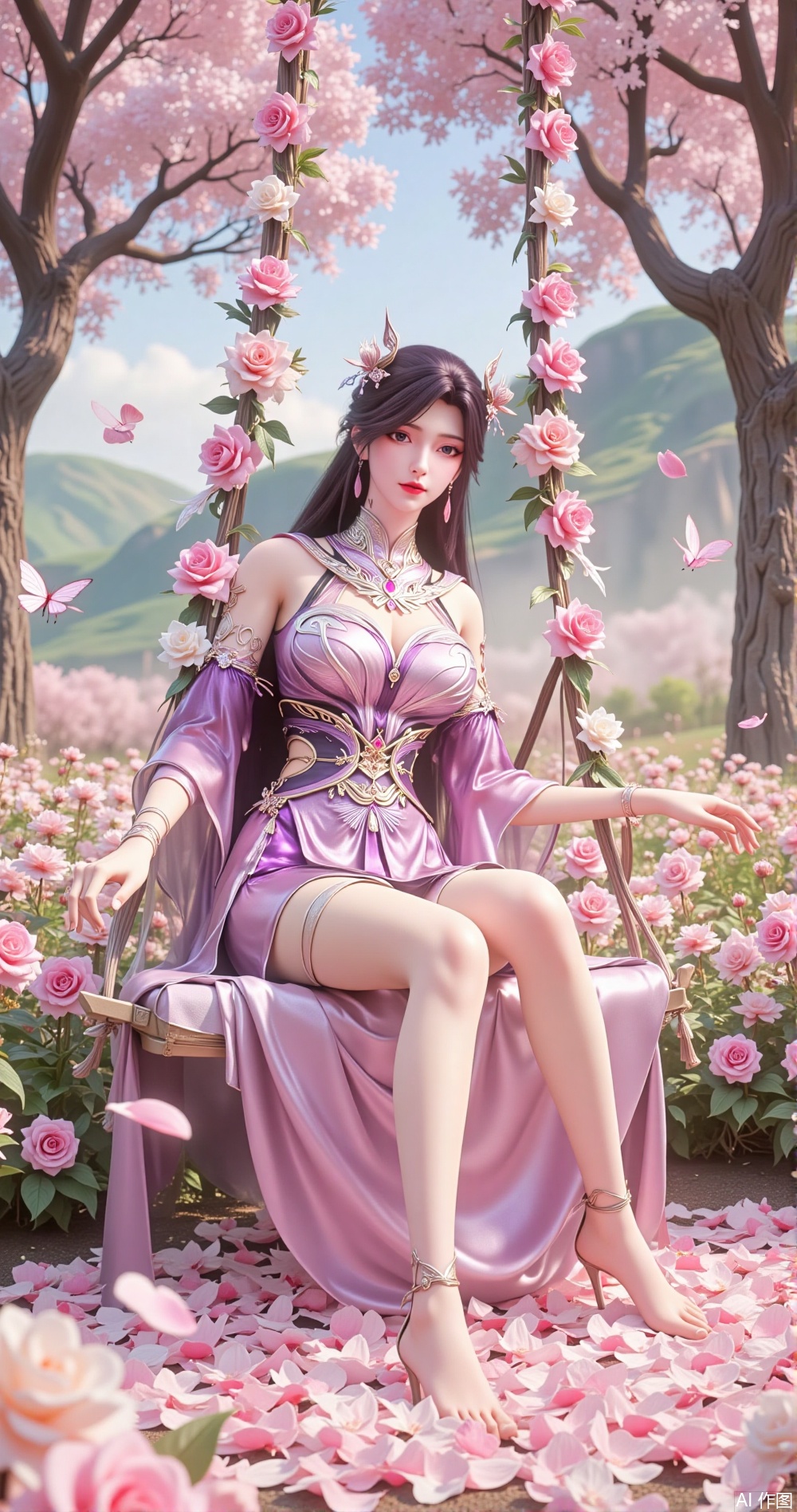 In a dreamlike garden composed of countless flowers, a lone girl sits on a swing woven from pink roses and white jasmine, her movements light and dreamy, as if one with the flower sea. She is dressed in a light pink gown woven from silk and lace, adorned with tiny petal patterns, gently swaying with her movements. Her long black hair flows like silk, dotted with falling rose petals, adding a touch of romantic charm. She wears a necklace of pearls and crystals, her wrists adorned with slender silver bracelets, exuding sweetness and elegance.

Her bare feet step on the soft petals, her ankles adorned with a delicate petal and crystal anklet, swaying gently with her movements. Her legs bend naturally, revealing long, fair lines. Her posture is light and composed, as if a dreamlike figure in the flower sea.

The garden is filled with the scent of flowers, the air filled with the faint fragrance of roses and jasmine. A few tall flower trees stand quietly around her, as if guarding her dream. A few butterflies flutter around her, as if bestowing flower sea blessings.