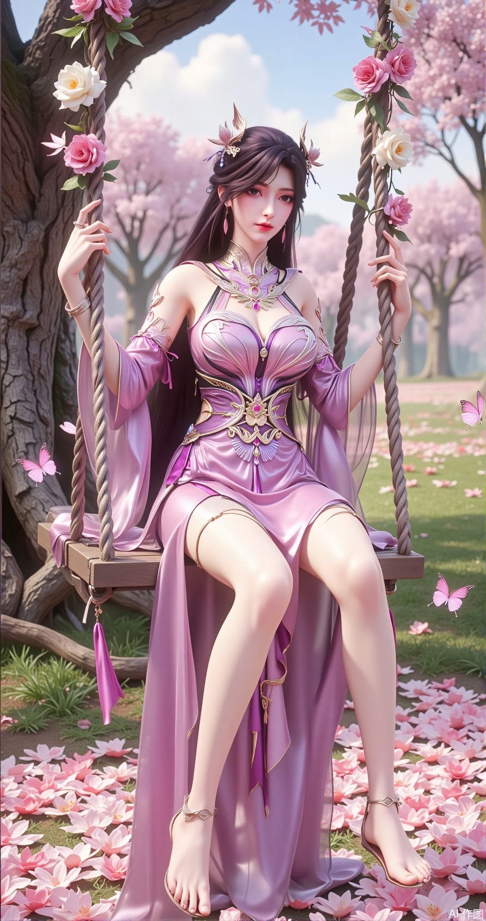 In a dreamlike garden composed of countless flowers, a lone girl sits on a swing woven from pink roses and white jasmine, her movements light and dreamy, as if one with the flower sea. She is dressed in a light pink gown woven from silk and lace, adorned with tiny petal patterns, gently swaying with her movements. Her long black hair flows like silk, dotted with falling rose petals, adding a touch of romantic charm. She wears a necklace of pearls and crystals, her wrists adorned with slender silver bracelets, exuding sweetness and elegance.

Her bare feet step on the soft petals, her ankles adorned with a delicate petal and crystal anklet, swaying gently with her movements. Her legs bend naturally, revealing long, fair lines. Her posture is light and composed, as if a dreamlike figure in the flower sea.

The garden is filled with the scent of flowers, the air filled with the faint fragrance of roses and jasmine. A few tall flower trees stand quietly around her, as if guarding her dream. A few butterflies flutter around her, as if bestowing flower sea blessings.