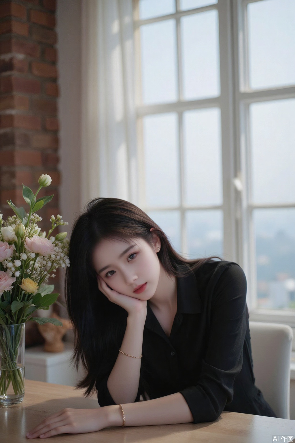 High-quality 8K photos. It was shot in a candid style, focusing on a young Taiwanese woman. She is the central subject of the picture, looking directly into the camera, her head resting on her hands, and wearing a black top. The composition feels intimate yet casual. The background shows a bright window with brick wall details and some interior furniture partially visible. Natural light enhances the soft and relaxing atmosphere. Her expression is calm and peaceful, adding to the sense of personal connection with the viewer. A floral decoration is visible on the left section, adding a touch of color and decoration to the scene.,tsp