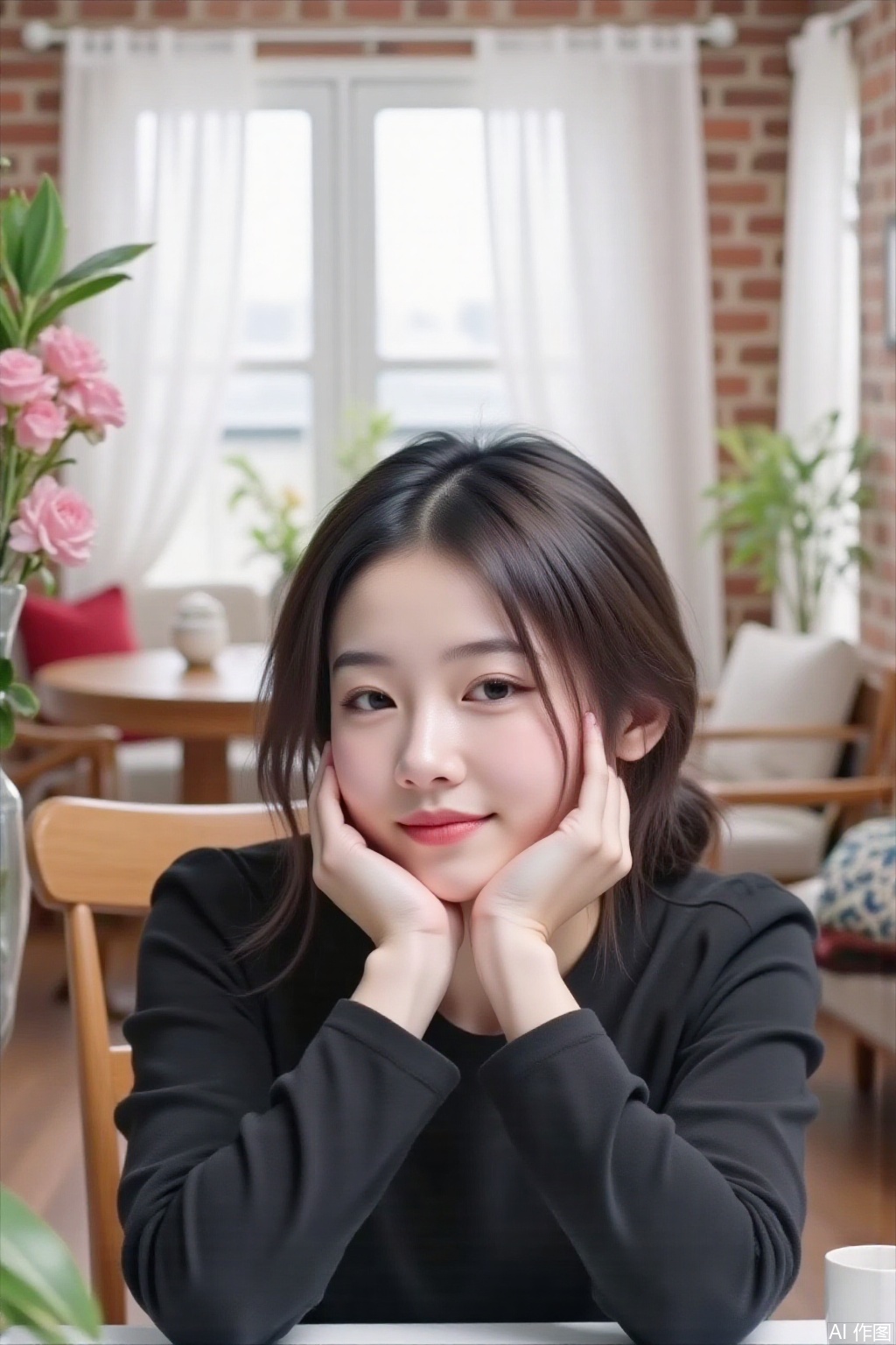 High-quality 8K photos. It was shot in a candid style, focusing on a young Taiwanese woman. She is the central subject of the picture, looking directly into the camera, her head resting on her hands, and wearing a black top. The composition feels intimate yet casual. The background shows a bright window with brick wall details and some interior furniture partially visible. Natural light enhances the soft and relaxing atmosphere. Her expression is calm and peaceful, adding to the sense of personal connection with the viewer. A floral decoration is visible on the left section, adding a touch of color and decoration to the scene.,tsp,mn