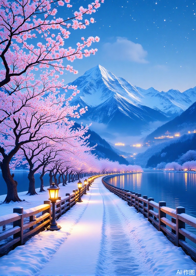 A serene

snow-covered path lined with cherry blossom trees

glowing lanterns

and wooden fences

leads to a calm lake at night. The sky is a deep blue

reflecting the stars and the soft glow of the lanterns. The trees are illuminated by the lanterns

casting a warm

yellow light against the snow. In the background

snow-capped mountains rise

adding to the tranquil ambiance. The scene is rich in detail

with the snow's texture and the lanterns' light creating a cozy

inviting atmosphere. The composition is balanced

with the path guiding the viewer's eye through the serene landscape. Digital art

high resolution.,tsp