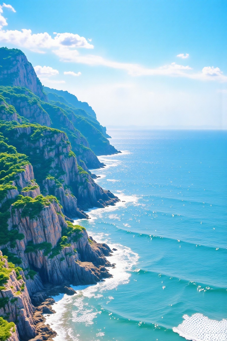 a stunning cubic landscape featuring beautiful scenery with a blue sky and white clouds hovering above a cube-style sea meeting cliffs. The framing captures the vastness of the scene, where angular cube waves crash against jagged cliff edges. Lighting is soft, highlighting the contrast between the serene sky and vibrant ocean. Composition balances natural elements in geometric forms. Keywords: beautiful scenery, blue sky, white clouds, sea, cliffs, cube, geometric, vibrant, angular waves.,tsp