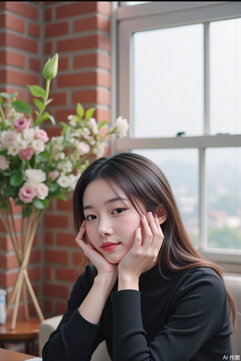 High-quality 8K photos. It was shot in a candid style, focusing on a young Taiwanese woman. She is the central subject of the picture, looking directly into the camera, her head resting on her hands, and wearing a black top. The composition feels intimate yet casual. The background shows a bright window with brick wall details and some interior furniture partially visible. Natural light enhances the soft and relaxing atmosphere. Her expression is calm and peaceful, adding to the sense of personal connection with the viewer. A floral decoration is visible on the left section, adding a touch of color and decoration to the scene.,tsp,mn