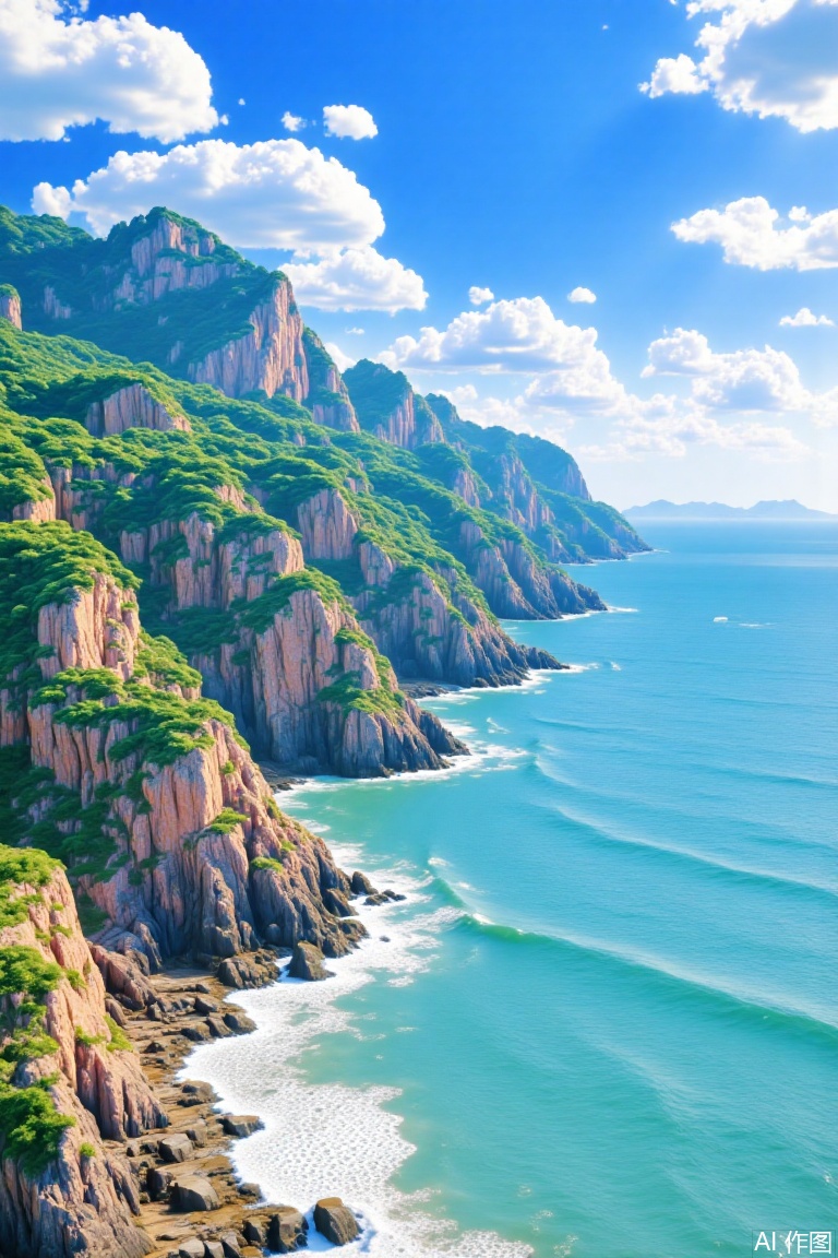 a stunning cubic landscape featuring beautiful scenery with a blue sky and white clouds hovering above a cube-style sea meeting cliffs. The framing captures the vastness of the scene, where angular cube waves crash against jagged cliff edges. Lighting is soft, highlighting the contrast between the serene sky and vibrant ocean. Composition balances natural elements in geometric forms. Keywords: beautiful scenery, blue sky, white clouds, sea, cliffs, cube, geometric, vibrant, angular waves.,tsp