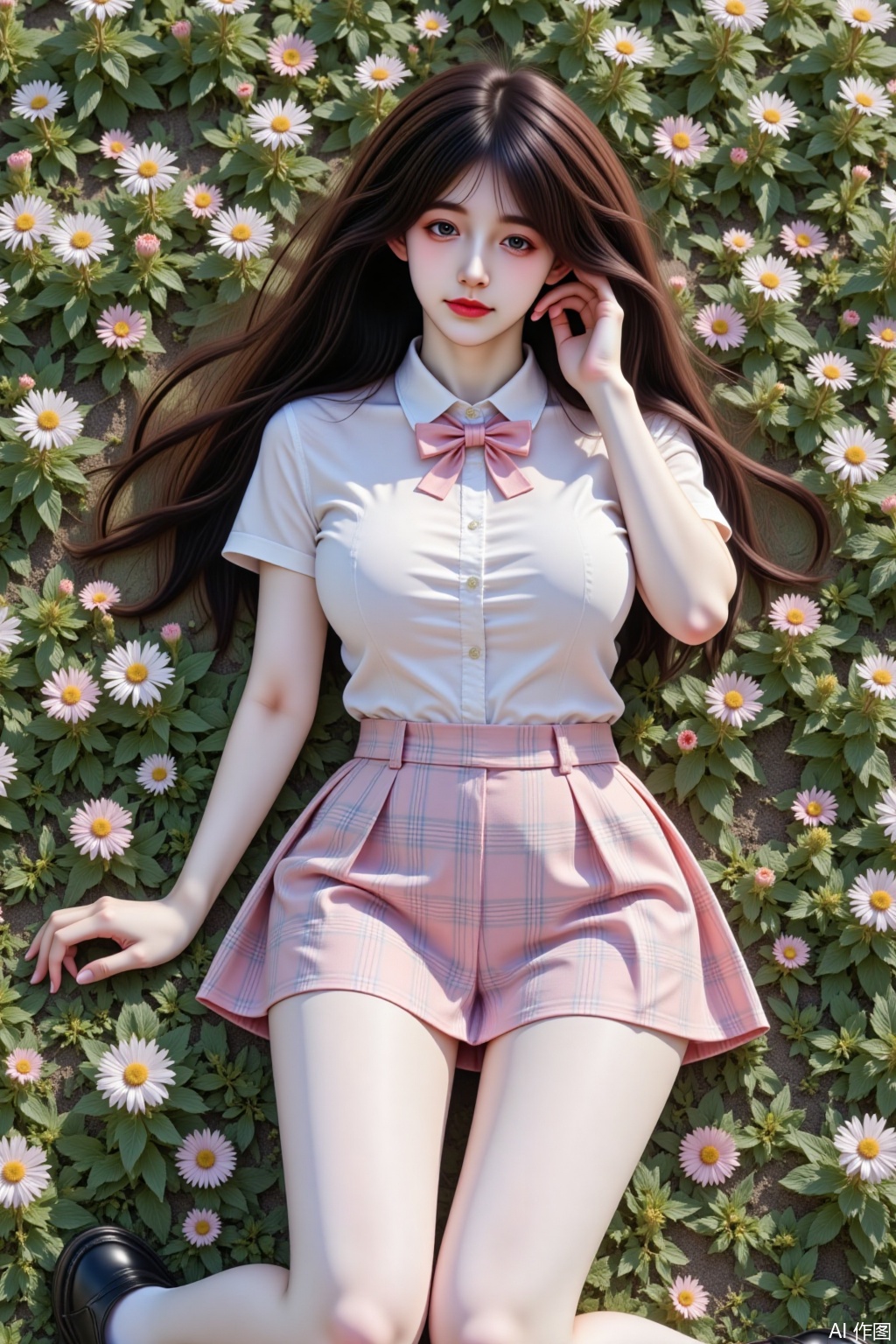 Ultra-detailed realistic portrait of a solo 1girl lying on stomach in a sea of flowers. Full-body view from top perspective. Long brown hair cascades down back. Wears collared white short-sleeved school shirt with bowtie. Pink and white tartan pleated skirt reveals white pantyhose-clad legs bent naturally at knees. Black loafers complete school uniform. Character places hand gently on cheek. Vibrant floral field background under clear sky. Sharp photographic focus with natural outdoor lighting. Massive breast proportions emphasized without exaggeration