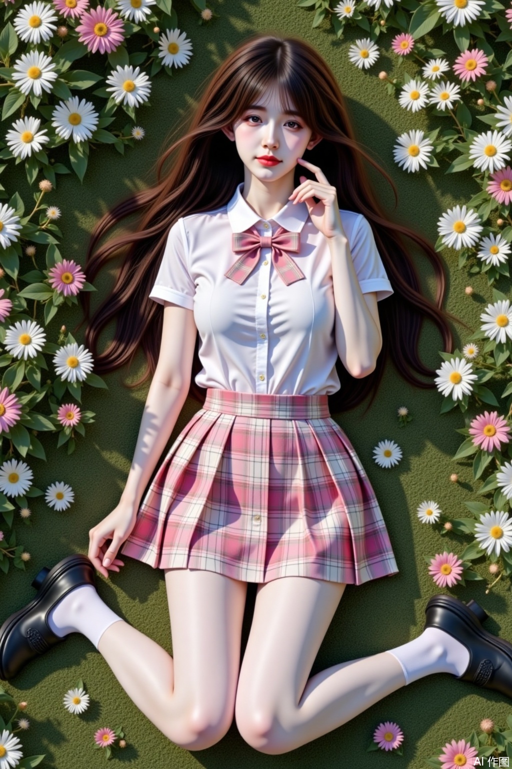 Ultra-detailed realistic portrait of a solo 1girl lying on stomach in a sea of flowers. Full-body view from top perspective. Long brown hair cascades down back. Wears collared white short-sleeved school shirt with bowtie. Pink and white tartan pleated skirt reveals white pantyhose-clad legs bent naturally at knees. Black loafers complete school uniform. Character places hand gently on cheek. Vibrant floral field background under clear sky. Sharp photographic focus with natural outdoor lighting. Massive breast proportions emphasized without exaggeration