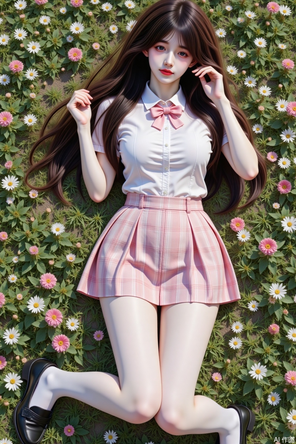 Ultra-detailed realistic portrait of a solo 1girl lying on stomach in a sea of flowers. Full-body view from top perspective. Long brown hair cascades down back. Wears collared white short-sleeved school shirt with bowtie. Pink and white tartan pleated skirt reveals white pantyhose-clad legs bent naturally at knees. Black loafers complete school uniform. Character places hand gently on cheek. Vibrant floral field background under clear sky. Sharp photographic focus with natural outdoor lighting. Massive breast proportions emphasized without exaggeration