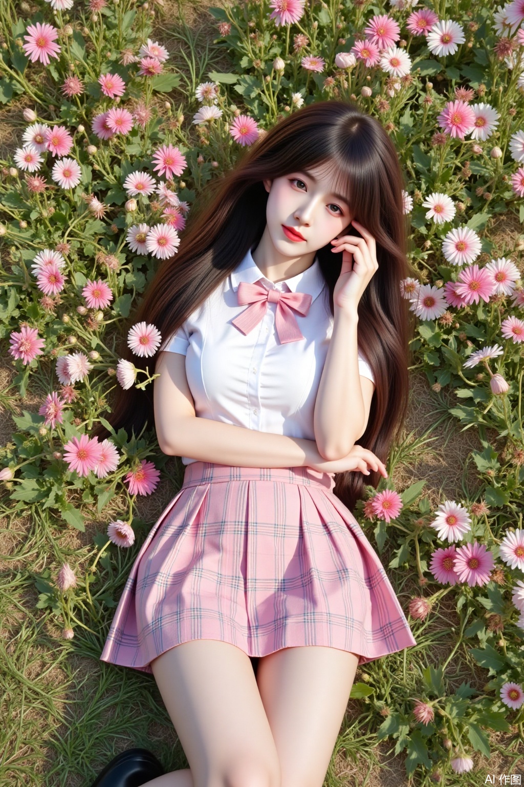 Ultra-detailed realistic portrait of a solo 1girl lying on stomach in a sea of flowers. Full-body view from top perspective. Long brown hair cascades down back. Wears collared white short-sleeved school shirt with bowtie. Pink and white tartan pleated skirt reveals white pantyhose-clad legs bent naturally at knees. Black loafers complete school uniform. Character places hand gently on cheek. Vibrant floral field background under clear sky. Sharp photographic focus with natural outdoor lighting. Massive breast proportions emphasized without exaggeration