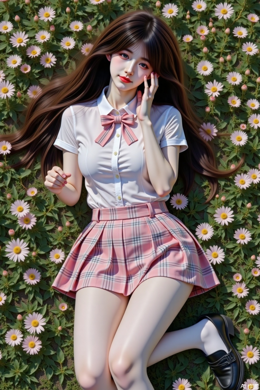 Ultra-detailed realistic portrait of a solo 1girl lying on stomach in a sea of flowers. Full-body view from top perspective. Long brown hair cascades down back. Wears collared white short-sleeved school shirt with bowtie. Pink and white tartan pleated skirt reveals white pantyhose-clad legs bent naturally at knees. Black loafers complete school uniform. Character places hand gently on cheek. Vibrant floral field background under clear sky. Sharp photographic focus with natural outdoor lighting. Massive breast proportions emphasized without exaggeration