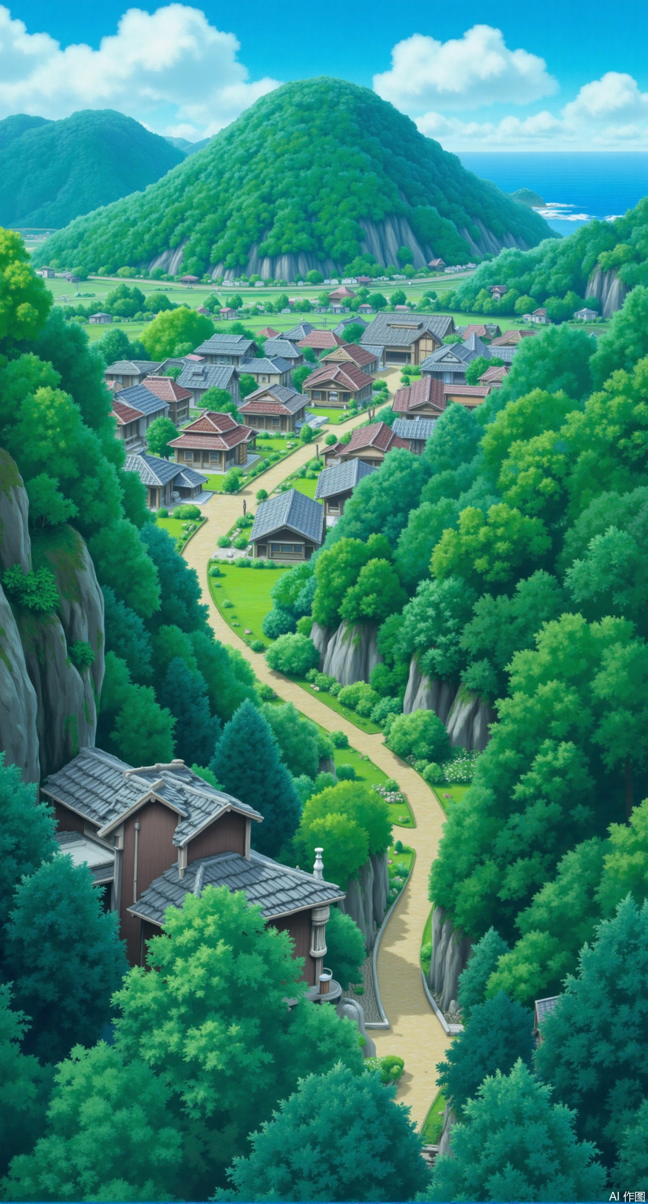 (masterpiece:1.2),best quality,Ghibli style landscape,This is a digital painting of a serene, lush Japanese village nestled in a valley. The scene features traditional wooden houses with tiled roofs, surrounded by dense greenery. A stone path winds through the landscape, leading to a distant view of the ocean under a blue sky. The artwork has a soft, painterly style with vibrant colors and detailed textures. Ghibli-style characters,XliumeiYK,XlishaoyingXK,XGhibli animation style