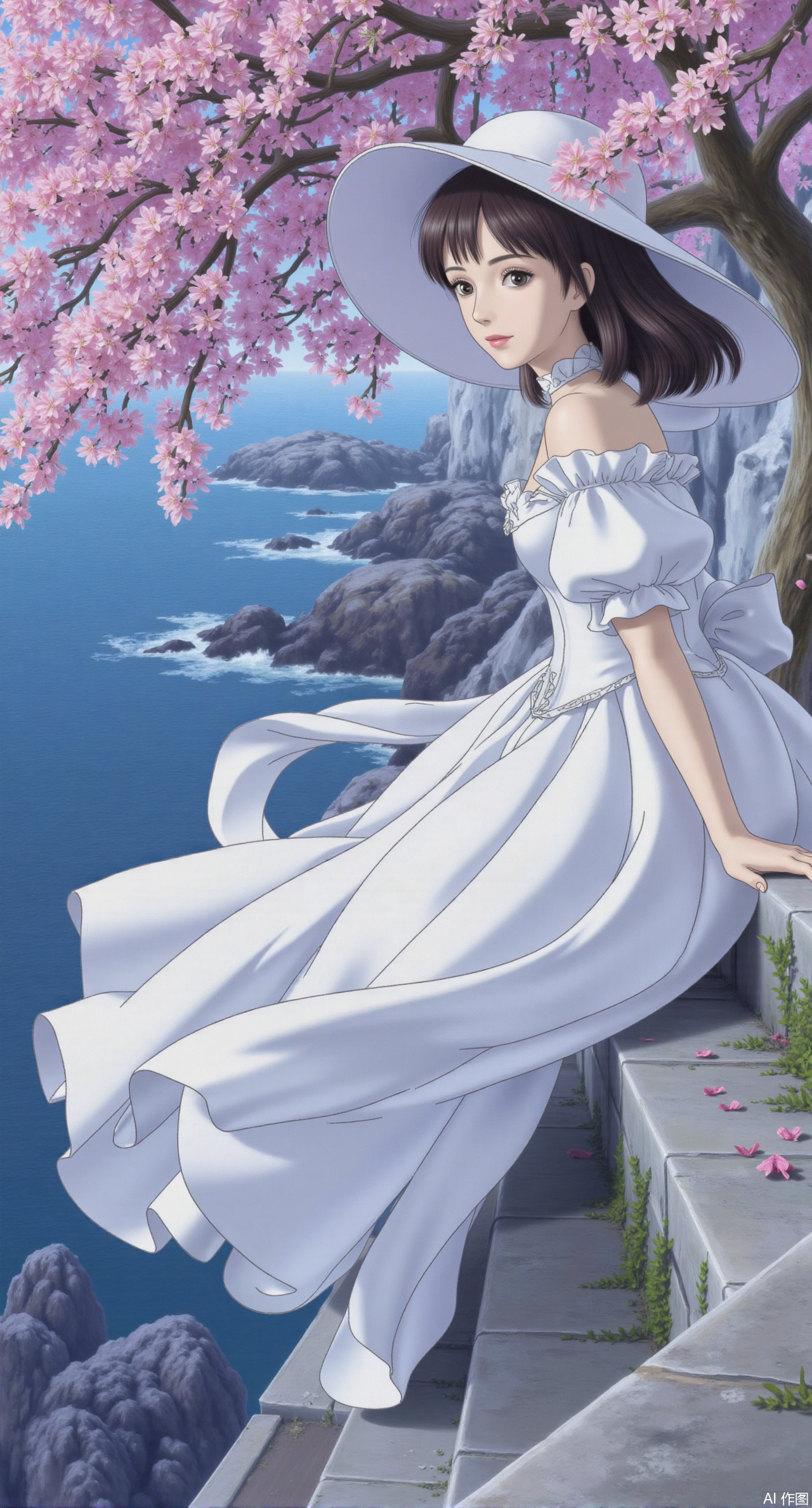 (masterpiece:1.2),best quality,2D animation,Ghibli style,Oshino Shinobu from Gown,cute girl,wearing white gothic-style gown.strong sense of light,high contrast light,shining details,wide scene,digital painting,dreamy mood,ethereal,fantasy art style,fantasy concept art,high contrast,ultra-detailed,charming anime-inspired,with slight lighting,and tree surrounded blossom by,sitting under the flowers,the Dundar light from above,digital art,illustration,charming,ethereal,mysterious,fantasy,ethereal,elegant,airy,magical,surreal,dreamy,strong sense of light,outdoors,beside the coast,sea in background,floating dress in the gentle breeze,from side,her head turn back towards viewerXliumeiYK,XlishaoyingXK,XGhibli animation style