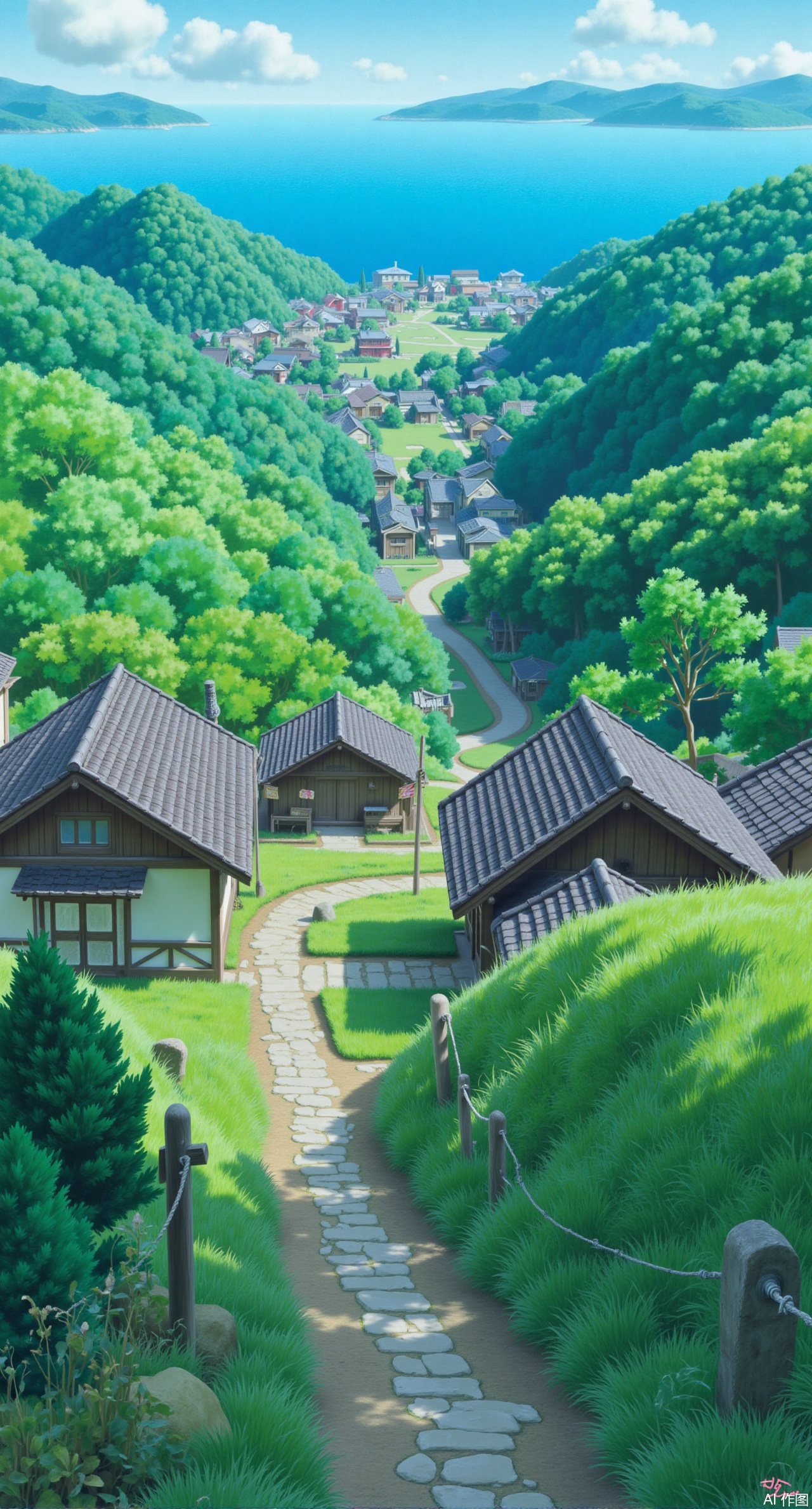 (masterpiece:1.2),best quality,Ghibli style landscape,This is a digital painting of a serene, lush Japanese village nestled in a valley. The scene features traditional wooden houses with tiled roofs, surrounded by dense greenery. A stone path winds through the landscape, leading to a distant view of the ocean under a blue sky. The artwork has a soft, painterly style with vibrant colors and detailed textures. Ghibli-style characters,XliumeiYK,XlishaoyingXK,XGhibli animation style