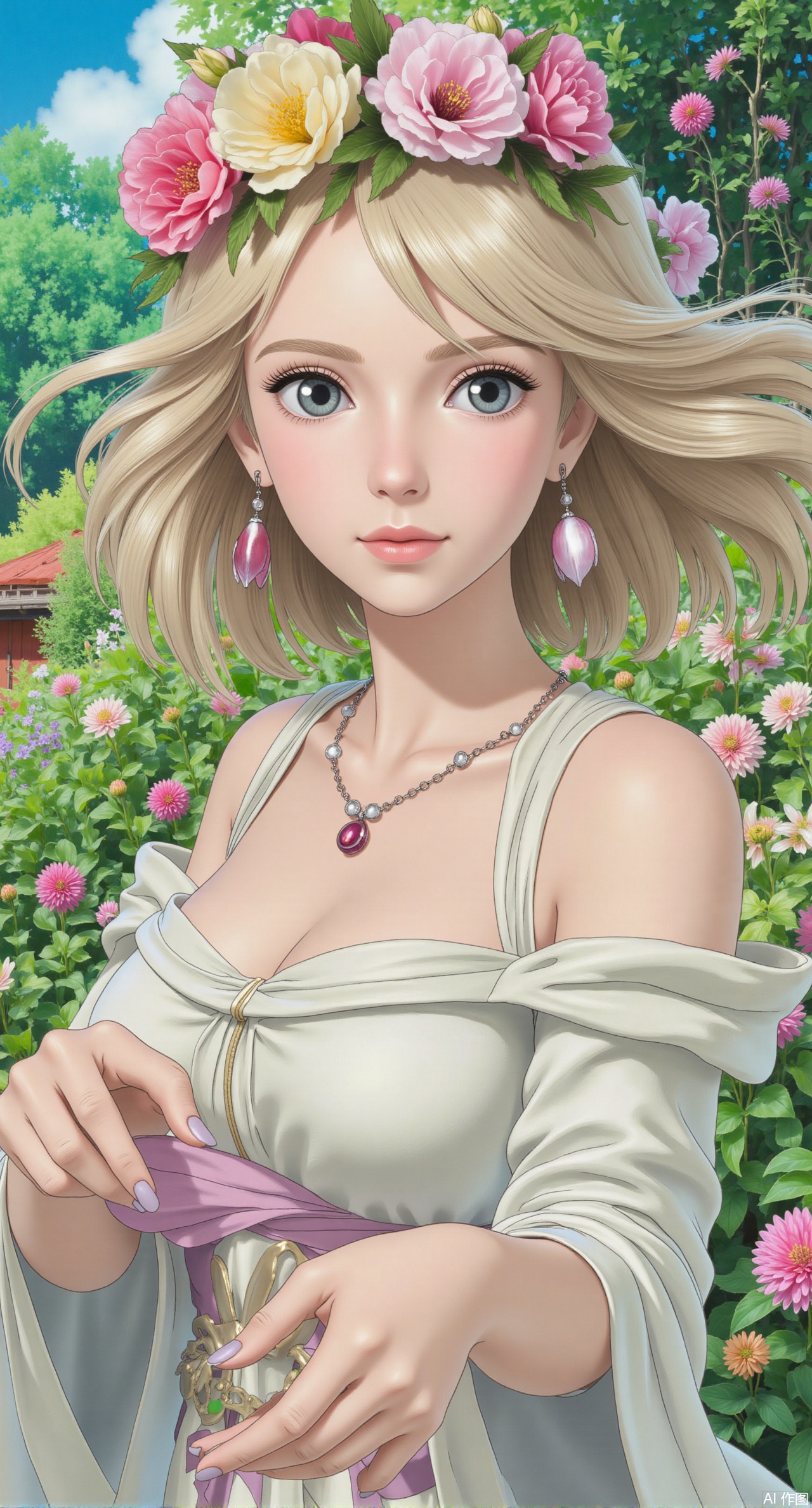 (masterpiece:1.2),best quality,illustration_CHLO,Studio Ghibli,Studio Ghibli style,Ghibli style,Here is the refined,Illustration of a majestic garden goddess in Studio Ghibli style, inspired by Hayao Miyazaki, with ultra-detailed, 8K, high-resolution, and extremely sharp features, delicate facial expressions, flowing hair adorned with petals, surrounded by vibrant, blooming flowers and lush greenery, soft and dreamy lighting, and an enchanting, serene atmosphere, evoking a sense of whimsy and wonder in an award-winning, 32K masterpiece..,XliumeiYK,XlishaoyingXK,XGhibli animation style