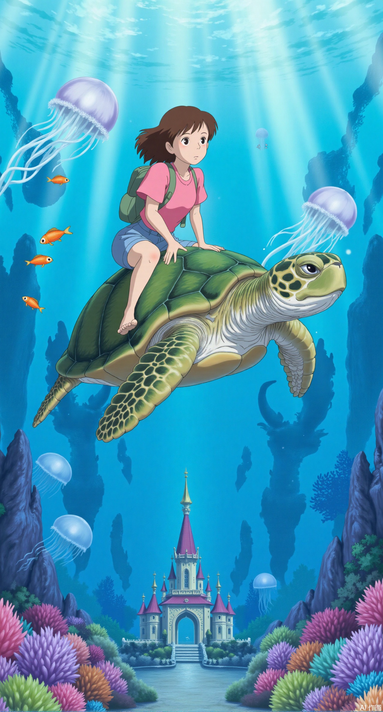 (masterpiece:1.2),best quality,Japanese anime style illustration,Hayao Miyazaki,qfl,This image is a vibrant and colorful illustration of an underwater scene. A young girl with brown hair, wearing a pink shirt, blue shorts, and a backpack, is riding on the back of a large sea turtle. The sea turtle has a distinctive pattern on its shell and is swimming gracefully through a coral reef.
The underwater environment is rich with various marine life. There are several types of fish swimming around, including small orange fish and a few larger ones. Additionally, there are jellyfish floating in the water, with one prominent jellyfish near the girl and another large one in the background.
The background features a beautiful underwater landscape with a mix of different coral formations in shades of purple, pink, and blue. Sunlight is streaming down from the surface, creating a bright and magical atmosphere.
In the distance, there is a small, ornate structure resembling a castle or a templ,XliumeiYK,XlishaoyingXK,XGhibli animation style