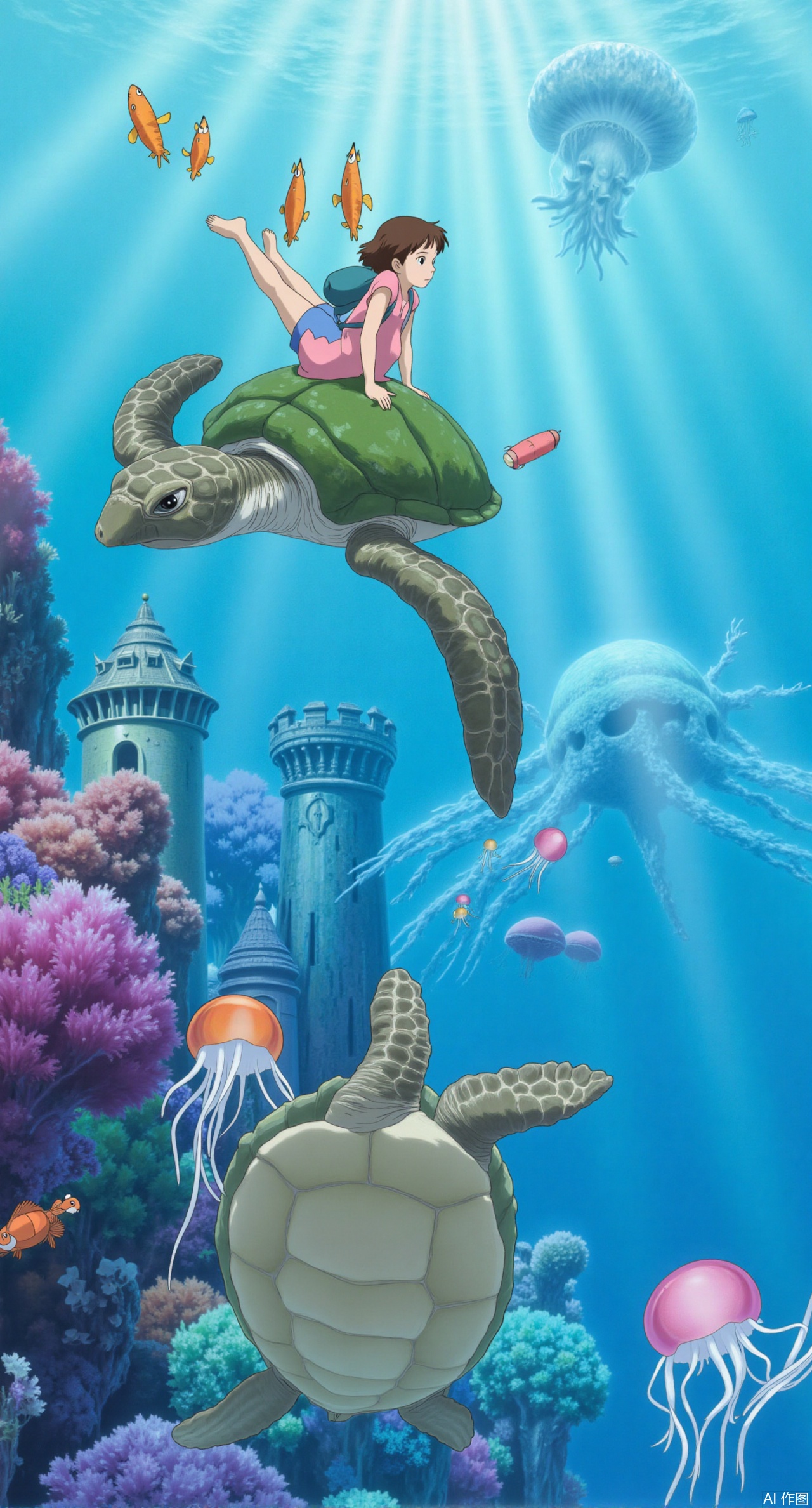 (masterpiece:1.2),best quality,Japanese anime style illustration,Hayao Miyazaki,qfl,This image is a vibrant and colorful illustration of an underwater scene. A young girl with brown hair, wearing a pink shirt, blue shorts, and a backpack, is riding on the back of a large sea turtle. The sea turtle has a distinctive pattern on its shell and is swimming gracefully through a coral reef.
The underwater environment is rich with various marine life. There are several types of fish swimming around, including small orange fish and a few larger ones. Additionally, there are jellyfish floating in the water, with one prominent jellyfish near the girl and another large one in the background.
The background features a beautiful underwater landscape with a mix of different coral formations in shades of purple, pink, and blue. Sunlight is streaming down from the surface, creating a bright and magical atmosphere.
In the distance, there is a small, ornate structure resembling a castle or a templ,XliumeiYK,XlishaoyingXK,XGhibli animation style