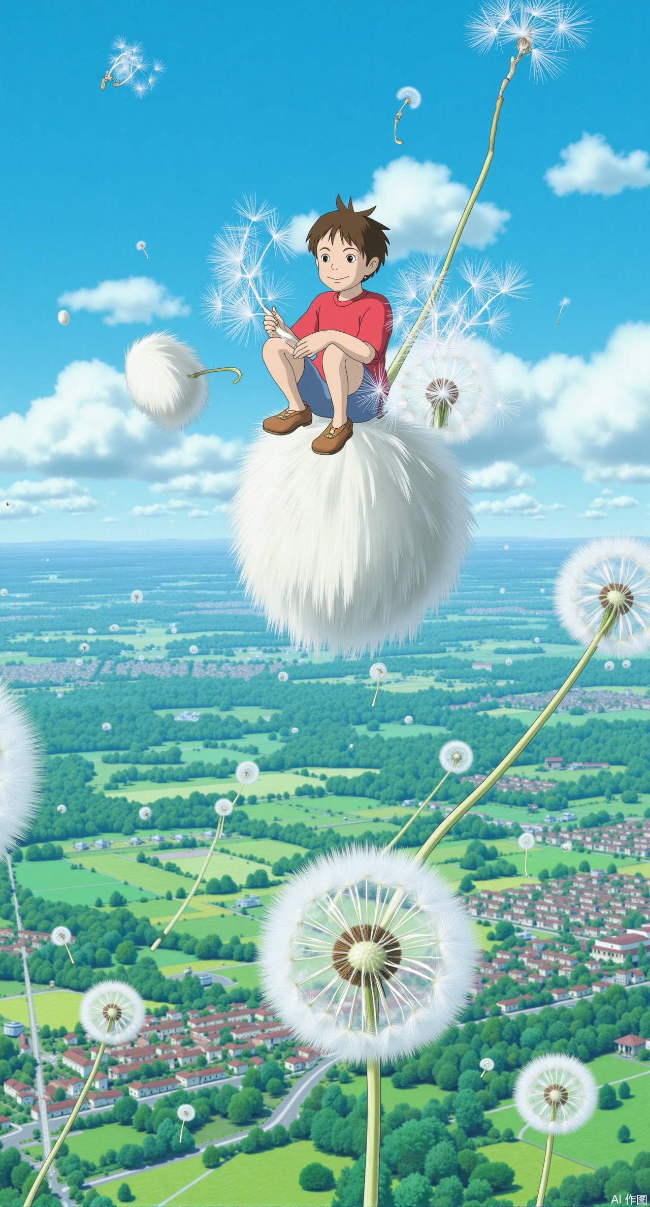 (masterpiece:1.2),best quality,,Ghibli animation style.In the spring sky, many large dandelion seeds float, and a little boy sits on one of them, holding the fluff tightly with both hands, smiling, looking down at the lush, vibrant fields and villages below, as if he has entered Hayao Miyazaki's dreamlike world.,XliumeiYK,XlishaoyingXK,XGhibli animation style,Xpugongying
