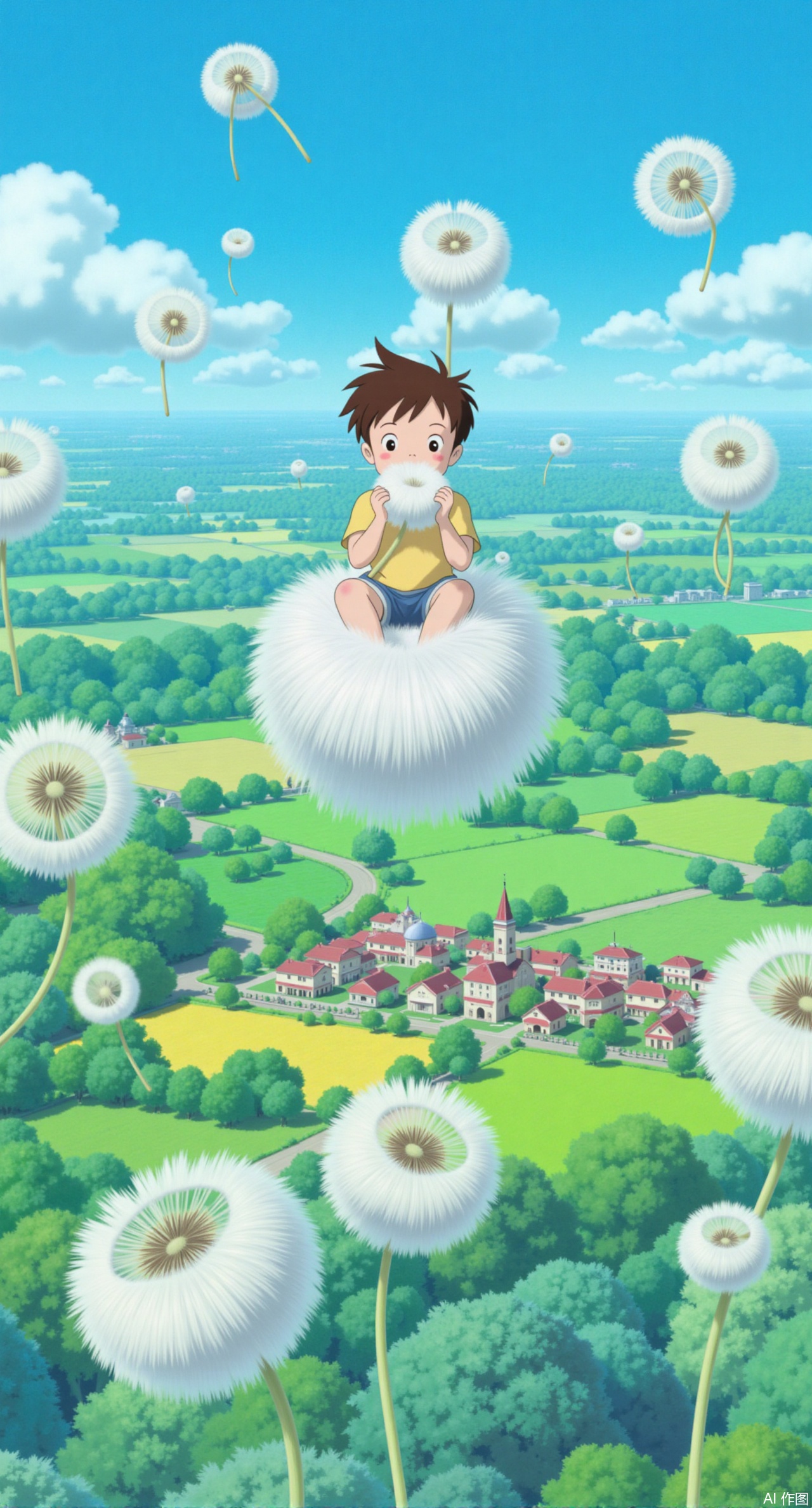 (masterpiece:1.2),best quality,,Ghibli animation style.In the spring sky, many large dandelion seeds float, and a little boy sits on one of them, holding the fluff tightly with both hands, smiling, looking down at the lush, vibrant fields and villages below, as if he has entered Hayao Miyazaki's dreamlike world.,XliumeiYK,XlishaoyingXK,XGhibli animation style