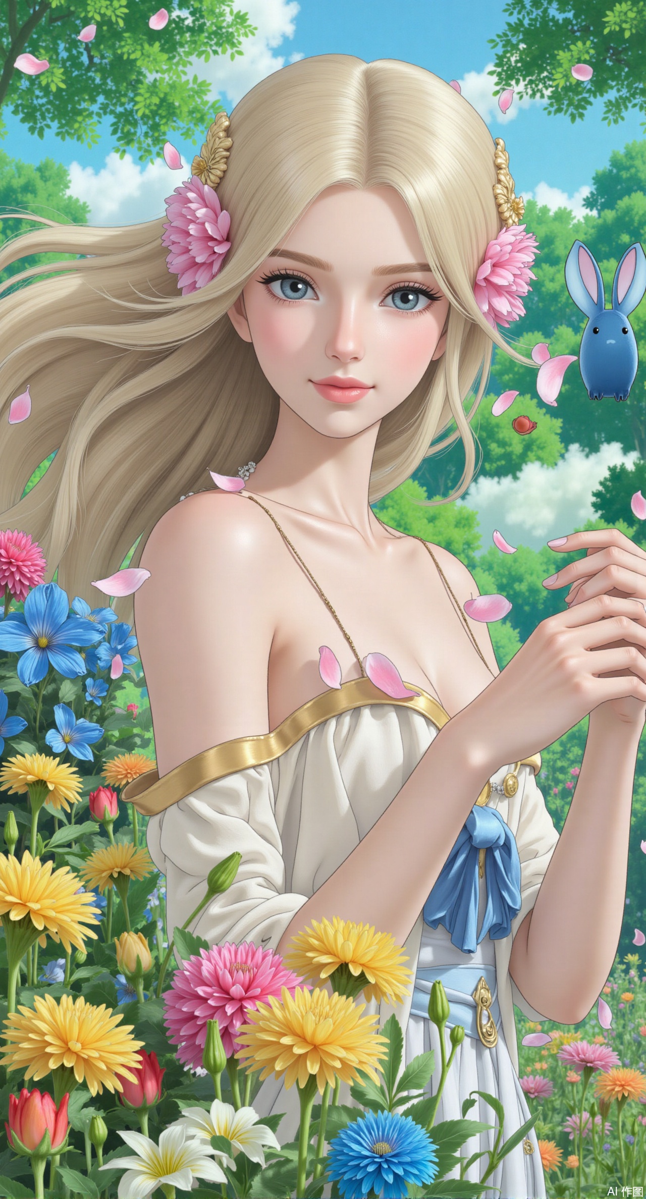 (masterpiece:1.2),best quality,illustration_CHLO,Studio Ghibli,Studio Ghibli style,Ghibli style,Here is the refined,Illustration of a majestic garden goddess in Studio Ghibli style, inspired by Hayao Miyazaki, with ultra-detailed, 8K, high-resolution, and extremely sharp features, delicate facial expressions, flowing hair adorned with petals, surrounded by vibrant, blooming flowers and lush greenery, soft and dreamy lighting, and an enchanting, serene atmosphere, evoking a sense of whimsy and wonder in an award-winning, 32K masterpiece..,XliumeiYK,XlishaoyingXK,XGhibli animation style
