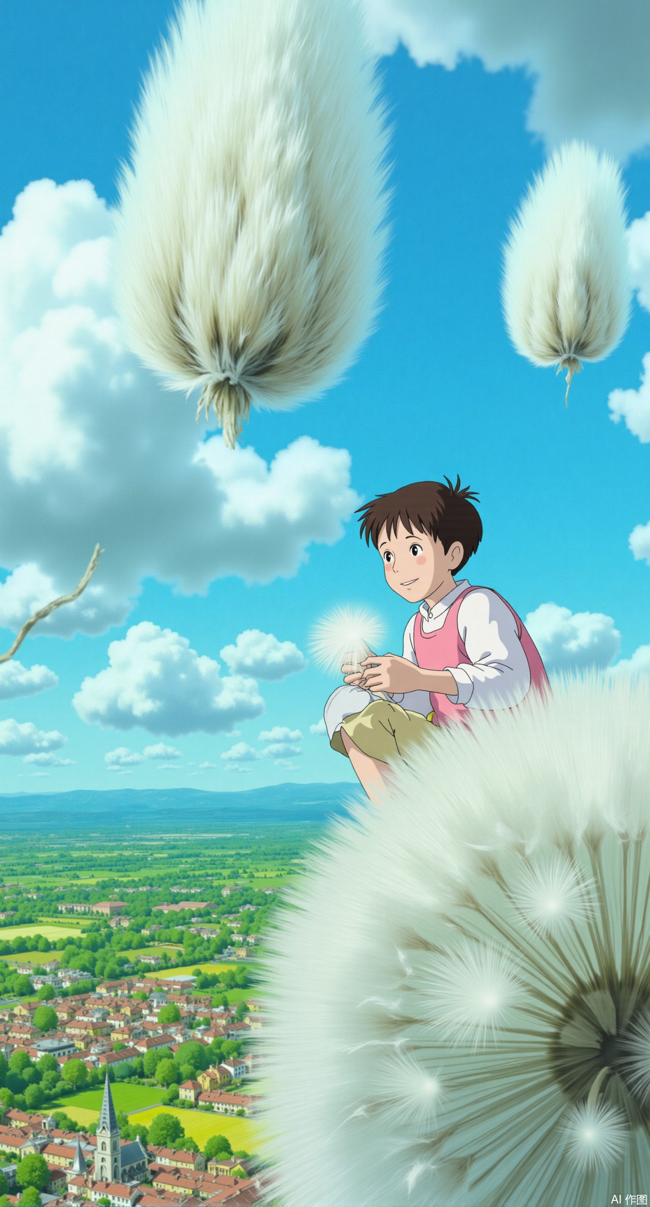 (masterpiece:1.2),best quality,,Ghibli animation style.In the spring sky, many large dandelion seeds float, and a little boy sits on one of them, holding the fluff tightly with both hands, smiling, looking down at the lush, vibrant fields and villages below, as if he has entered Hayao Miyazaki's dreamlike world.,XliumeiYK,XlishaoyingXK,XGhibli animation style