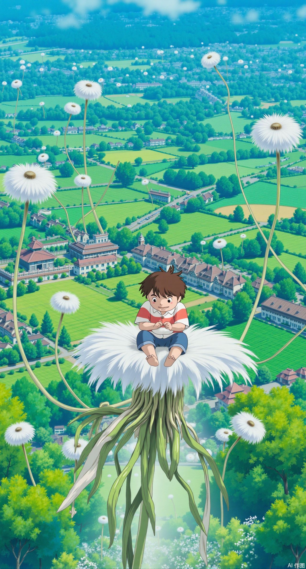 (masterpiece:1.2),best quality,,Ghibli animation style.In the spring sky, many large dandelion seeds float, and a little boy sits on one of them, holding the fluff tightly with both hands, smiling, looking down at the lush, vibrant fields and villages below, as if he has entered Hayao Miyazaki's dreamlike world.,XliumeiYK,XlishaoyingXK,XGhibli animation style,Xpugongying