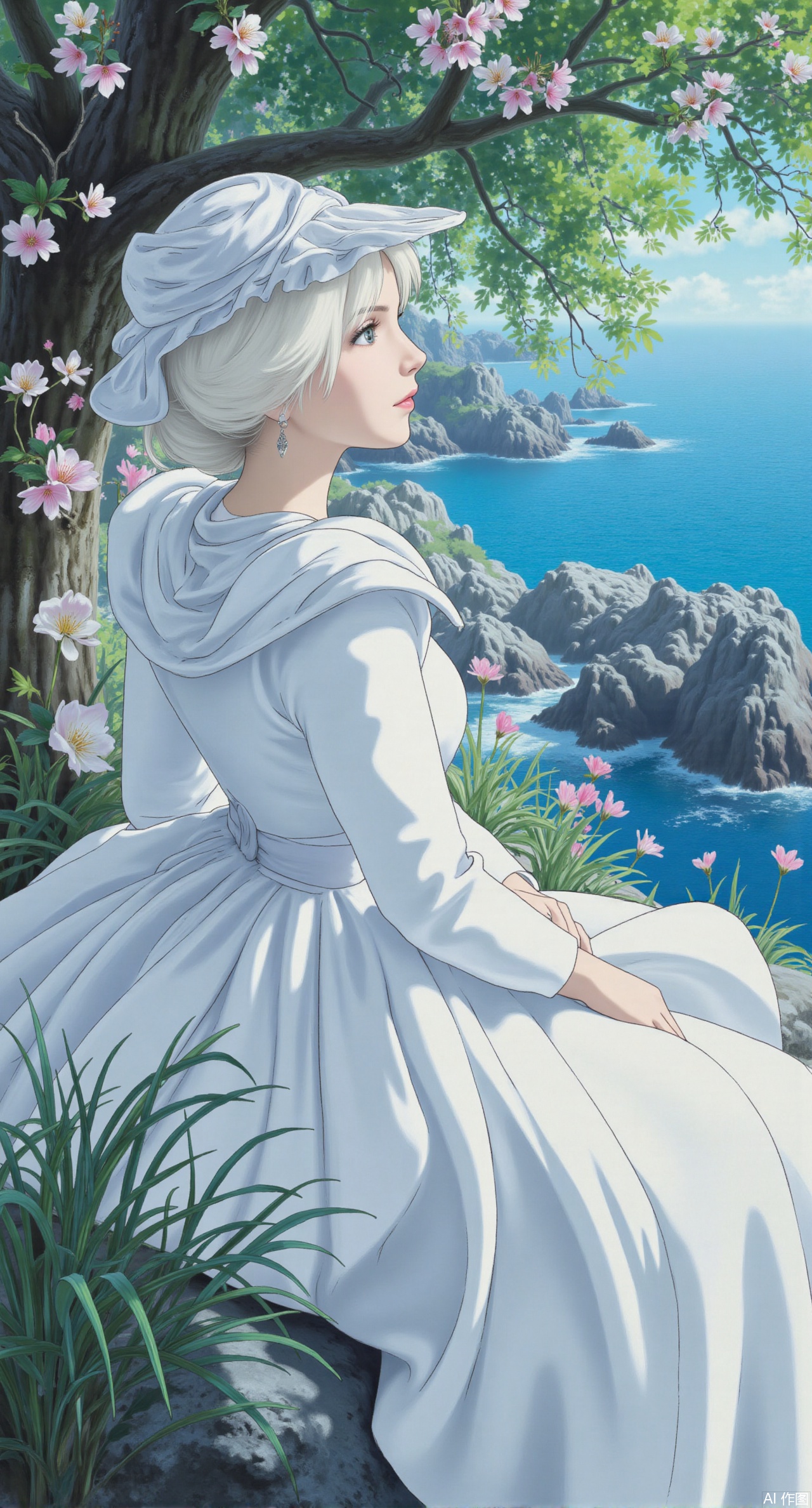 (masterpiece:1.2),best quality,2D animation,Ghibli style,Oshino Shinobu from Gown,cute girl,wearing white gothic-style gown.strong sense of light,high contrast light,shining details,wide scene,digital painting,dreamy mood,ethereal,fantasy art style,fantasy concept art,high contrast,ultra-detailed,charming anime-inspired,with slight lighting,and tree surrounded blossom by,sitting under the flowers,the Dundar light from above,digital art,illustration,charming,ethereal,mysterious,fantasy,ethereal,elegant,airy,magical,surreal,dreamy,strong sense of light,outdoors,beside the coast,sea in background,floating dress in the gentle breeze,from side,her head turn back towards viewerXliumeiYK,XlishaoyingXK,XGhibli animation style