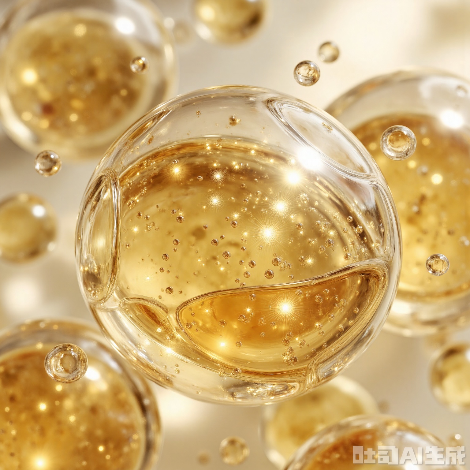 This image shows a scene full of dreamy and technological sense. In the center of the picture is a transparent container filled with golden liquid, with many tiny highlights scattered in the liquid, as if they were twinkling starlight or tiny light spots, giving people a mysterious and noble feeling.

The container has a unique shape, with irregular petals on the edges, which adds visual layering and artistic quality. Some water droplets hang in the air around the container, reflecting light, enhancing the three-dimensional and dynamic feeling of the picture.

The background is soft and light tones, and the light shines from above, making the entire picture look bright and warm. This light and shadow effect further highlights the golden liquid and highlights in the container, making it the focus of the picture.

Overall, this picture creates a luxurious, dreamy and futuristic atmosphere through delicate light and shadow processing and unique design elements.,chengfen_998