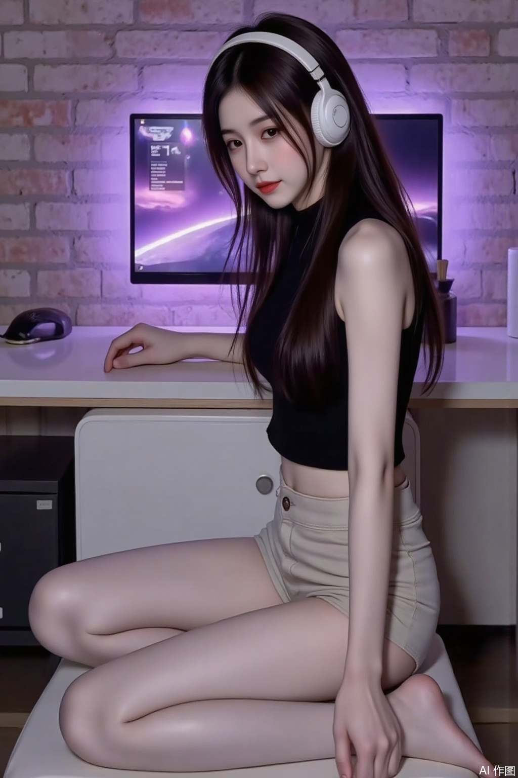 A young woman with long black hair, wearing white headphones, wearing a black sleeveless top and light-colored shorts, sitting barefoot on a white computer desk, with her feet on the seat, her knees bent, wearing white stockings, white fleshy stockings, highlighting the fleshy sexiness. The background is a brick-like wall with a large screen monitor, which shows a purple tech interface, and a soft dark dimming and shadow atmosphere around it, creating an e-sports or tech home atmosphere for home leisure at night. The picture is realistic and the light rendering is delicate.sw,mv,cy,yyzs