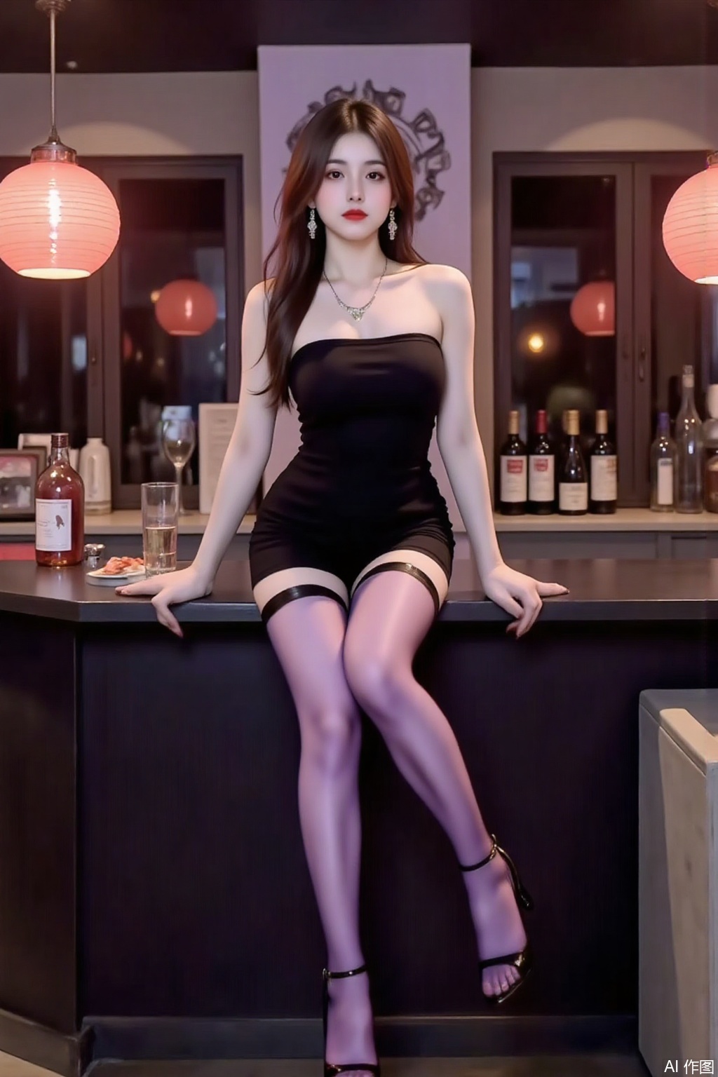 A girl leaning on a high pedal in a bar, elegant pose, sexy sitting position, black strapless dress, necklace, earrings, purple stockings, yyzs, cy, sw, mn,