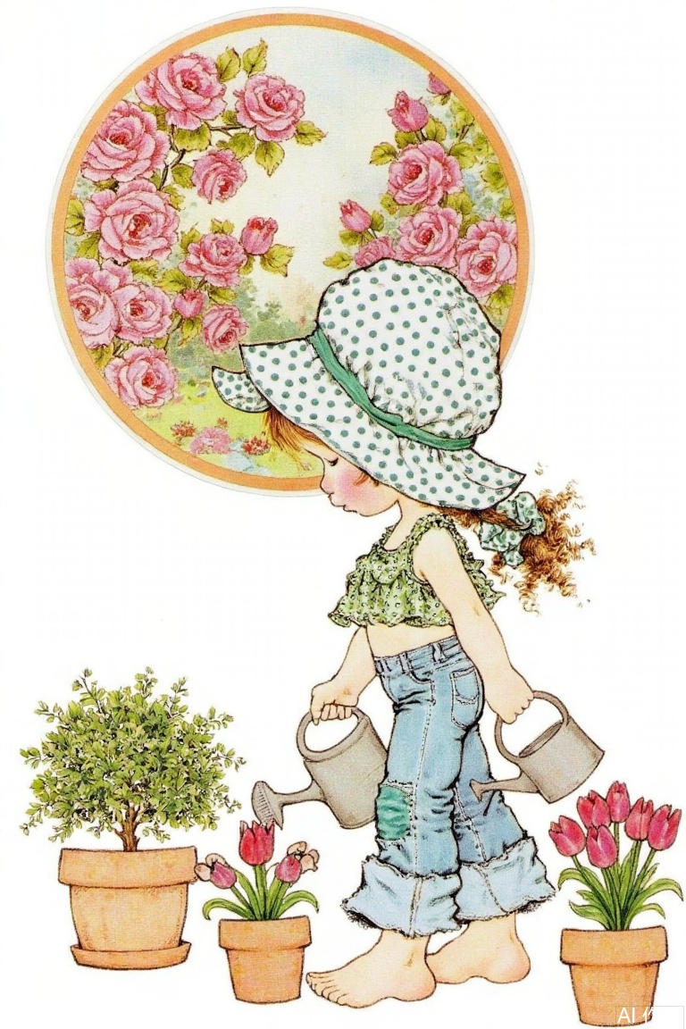 The image depicts a young girl dressed in a polka-dot hat and a green and white floral-patterned top with blue jeans. She is barefoot and holding a watering can in her right hand while gently tending to a small potted plant with pink flowers. The girl is standing next to a larger potted plant with green foliage and a smaller pot with red tulips. In the background, there is a circular frame filled with a garden scene featuring pink roses and green leaves. The overall style of the image is whimsical and reminiscent of children's illustrations.