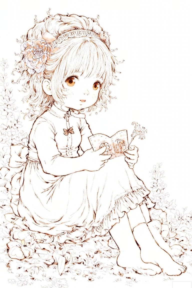 1girl, line art, peony, digitalis,