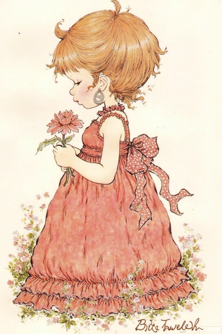 1girl, solo, short hair, brown hair, dress, holding, jewelry, full body, closed eyes, flower, earrings, sleeveless, profile, red dress, holding flower