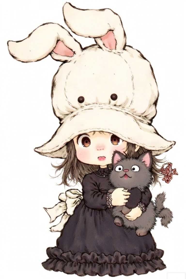 The image shows a cartoon character with a large, bunny-like hat covering most of their head. The character has long dark hair and is wearing a black dress. They are holding a small, fluffy black cat with a curly tail. The cat has wide, surprised eyes and is looking up at the character. The character's face is partially visible, showing large, round eyes and a small mouth with pink lips. The background is plain white, making the characters and their details stand out clearly.