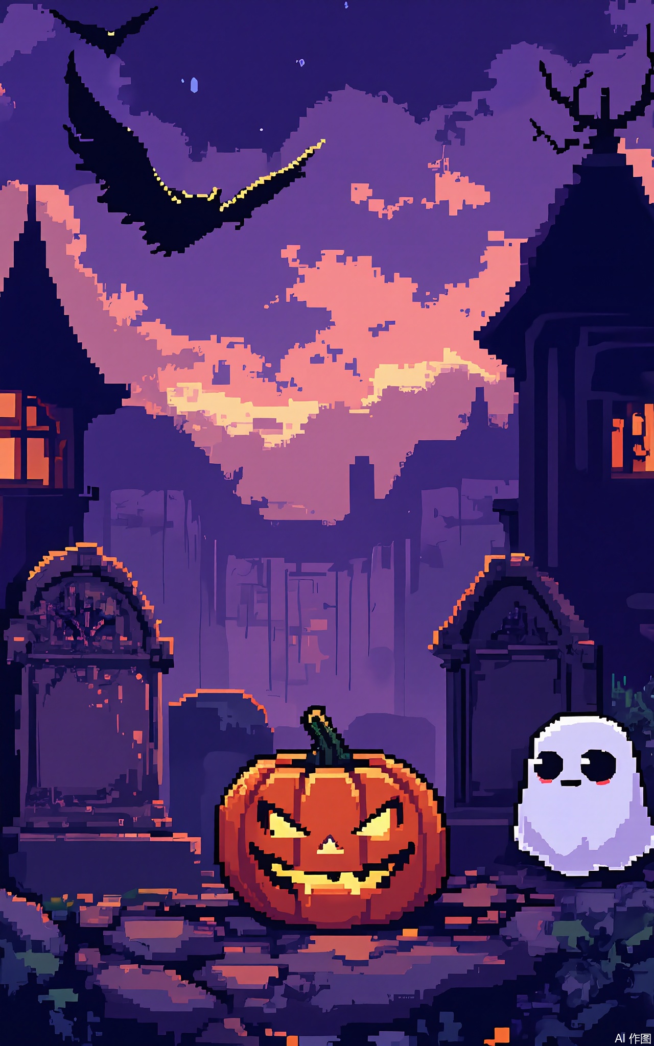 XSFG,
A spooky pixel graveyard with a jack-o’-lantern (orange blocks with triangular eyes) and a flying bat (black silhouette against a purple-gradient sky). The ground uses tile-based dirt textures, and a ghost character (white blob with black eyes) hovers near a tombstone.