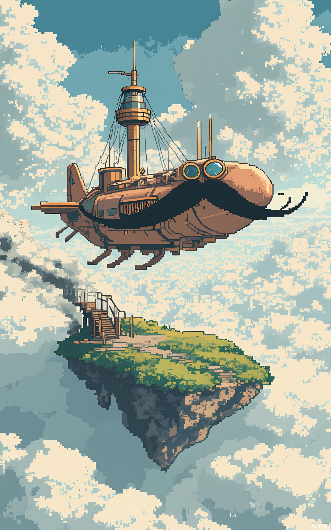 XSFG,
A retro-futuristic airship with copper-and-brass pixel textures, floating above a cloudscape made of swirling white-and-gray blocks. The scene includes a goggled inventor character (mustache as a thick black pixel line) and a gear-shaped island with a winding staircase.