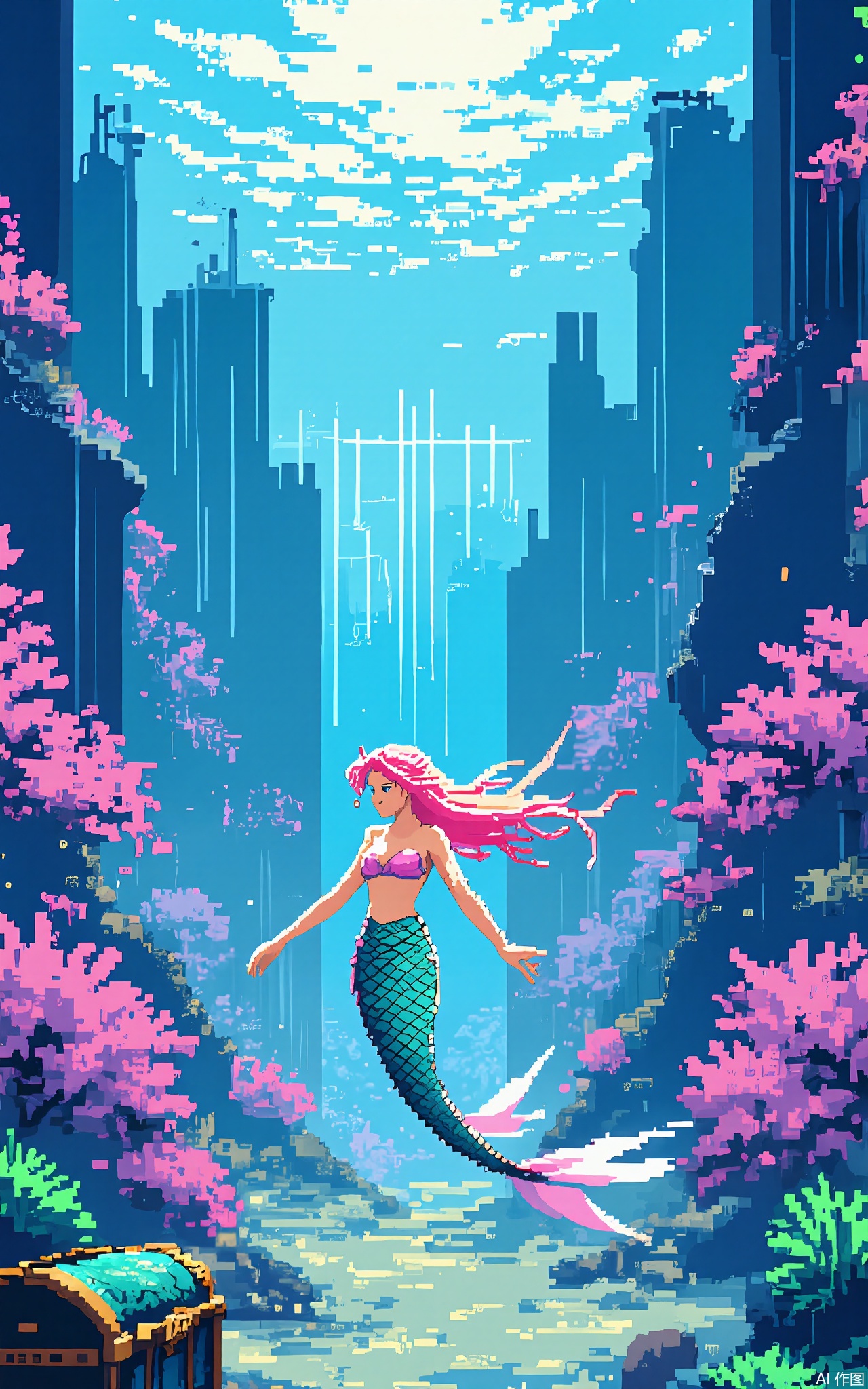 XSFG,
 A submerged temple scene with a mermaid character (teal scales and pink hair blocks) swimming past coral reefs (pink-and-purple pixel clusters). The water uses a gradient from deep blue to cyan, and a treasure chest (encrusted with green "algae" pixels) sits on the seafloor.