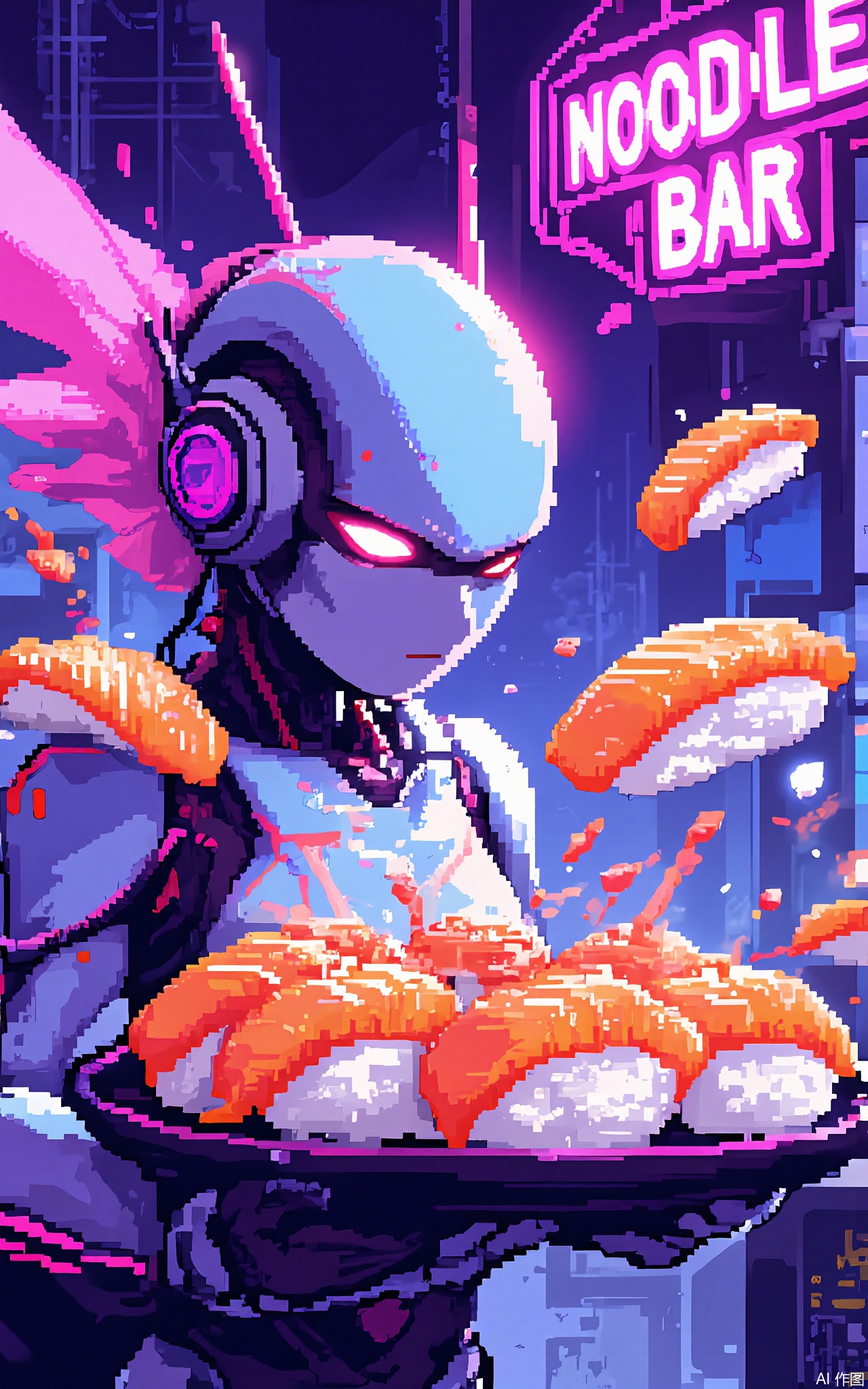 XSFG,
A neon-drenched scene with a glowing pink-and-cyan robot holding a sushi platter. The background features glitching holographic signs ("NOODLE BAR") and floating pixelated sushi (orange-red salmon slices with gradient shading).
