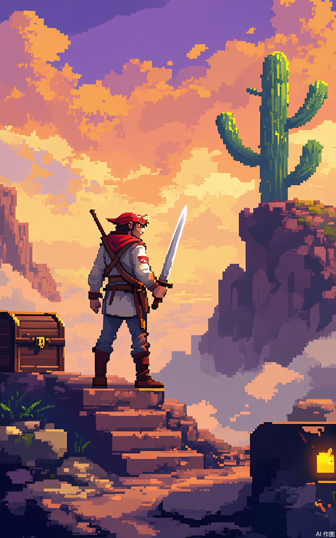 XSFG,
A retro-inspired scene featuring a 16x16 pixel red-capped adventurer wielding a short sword, standing on tile-based brown terrain under a color band gradient sky transitioning from orange to purple. The environment includes 3-pixel-tall steps, a treasure chest with a glowing yellow lock, and a cactus composed of stacked green blocks.