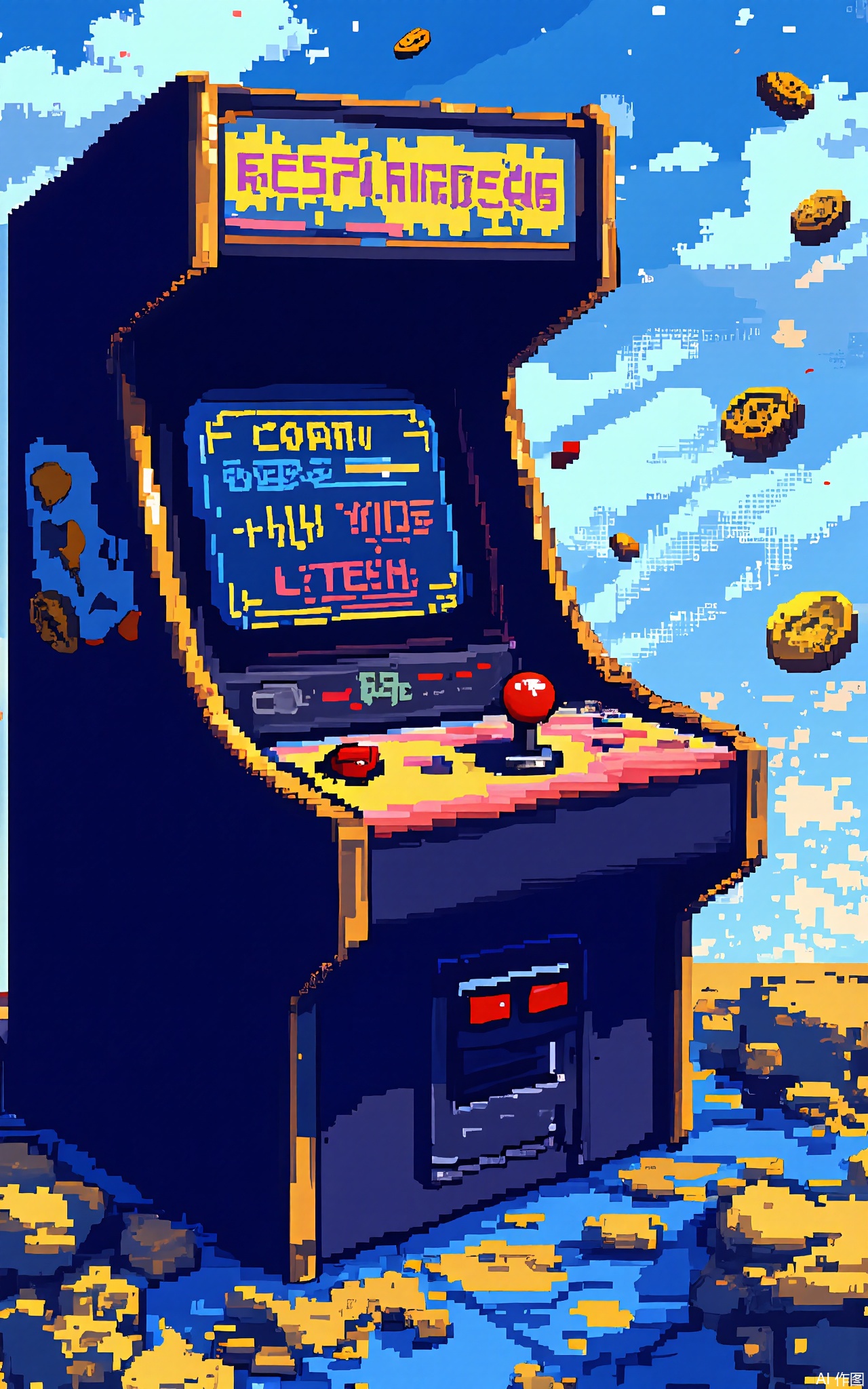 XSFG,
A pixel-perfect arcade cabinet with a red-and-yellow joystick, placed on a checkerboard carpet under fluorescent lighting. Floating "+100" coins leave digital trails, and the screen displays a classic "COIN" text pop-up.