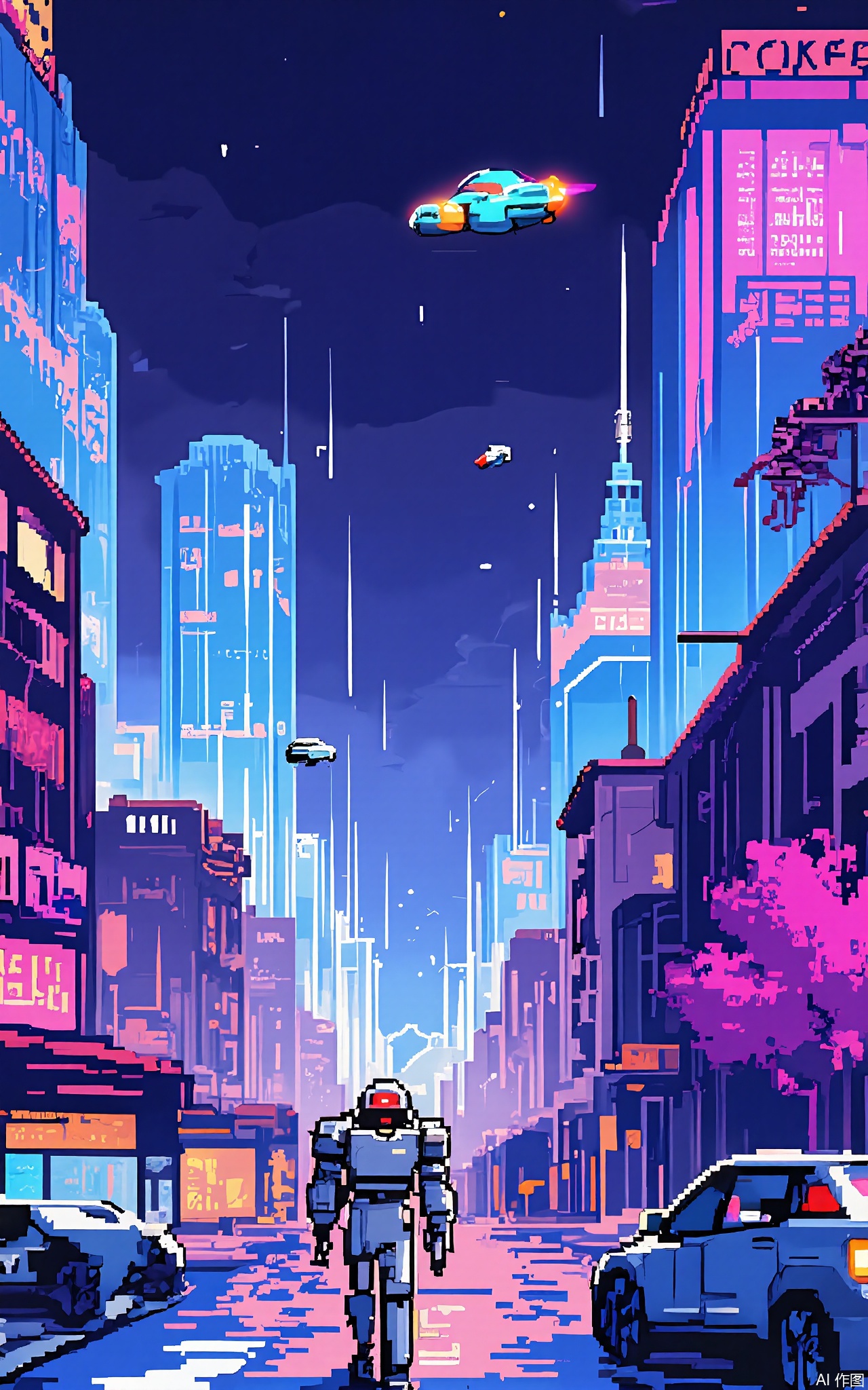 XSFG,
A cyberpunk metropolis with skyscrapers made of neon-blue and pink pixel blocks. Flying cars (teal and yellow sprites) zoom between buildings, and a robot pedestrian (silver body with red eyes) walks on a tile-based sidewalk. The sky uses a gradient from dark purple to black.