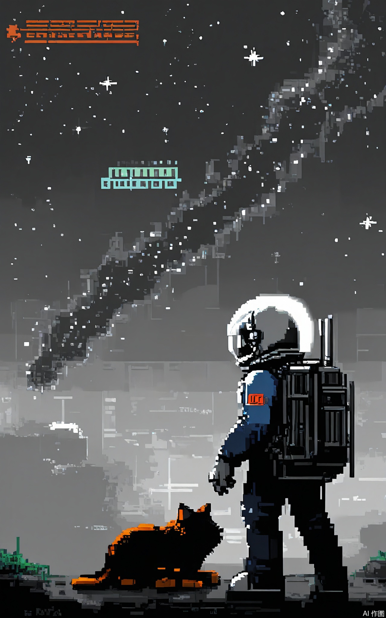 XSFG, A sci-fi pixel artwork with a silver-and-blue astronaut in a helmet, floating above a starry sky with 4-color gradient bands. The foreground features a glitch-effect warning sign ("DANGER") with randomized 1-pixel text shifts and grayscale meteor blocks arranged in staggered rows.

